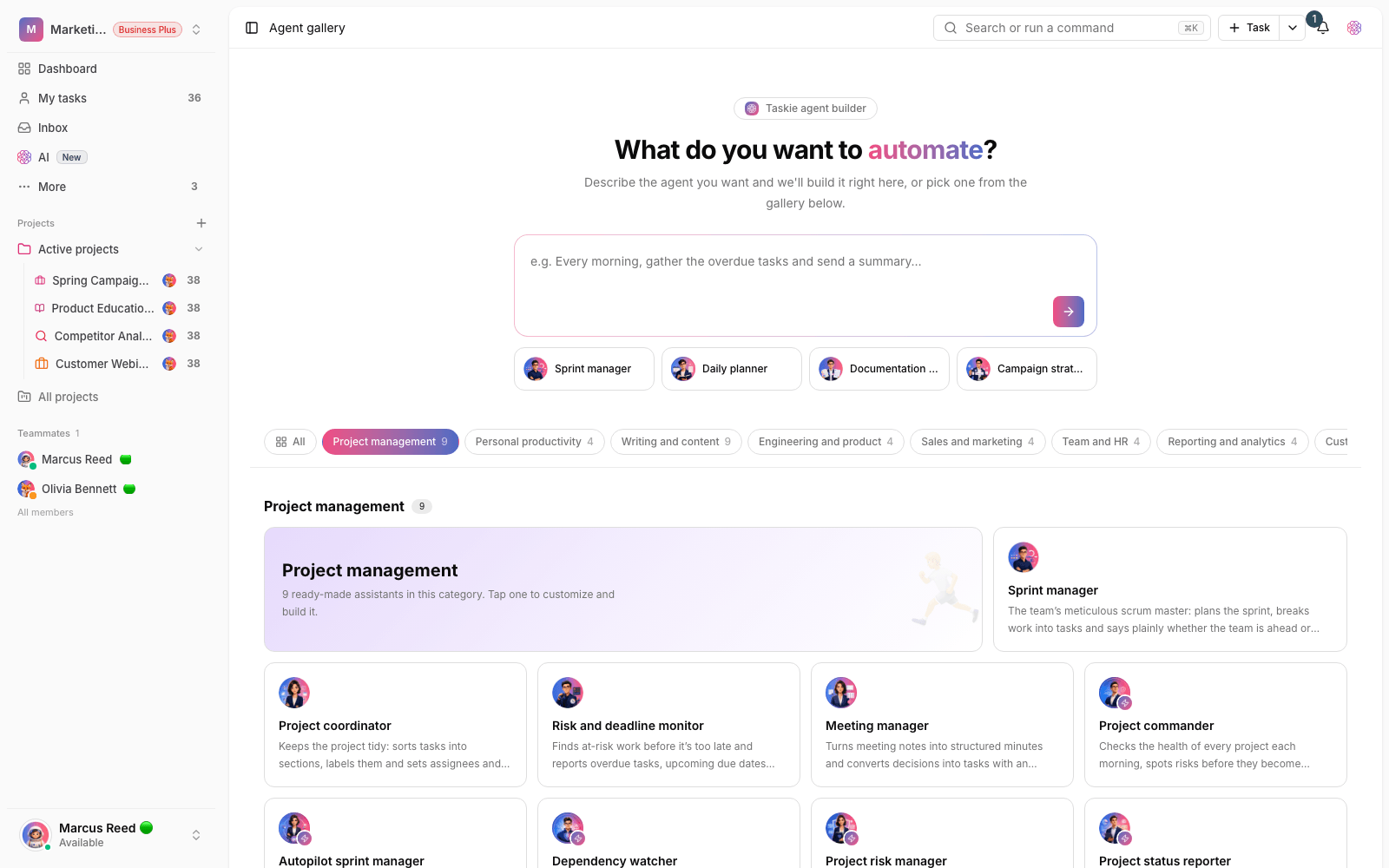 AI agent settings in Taskie