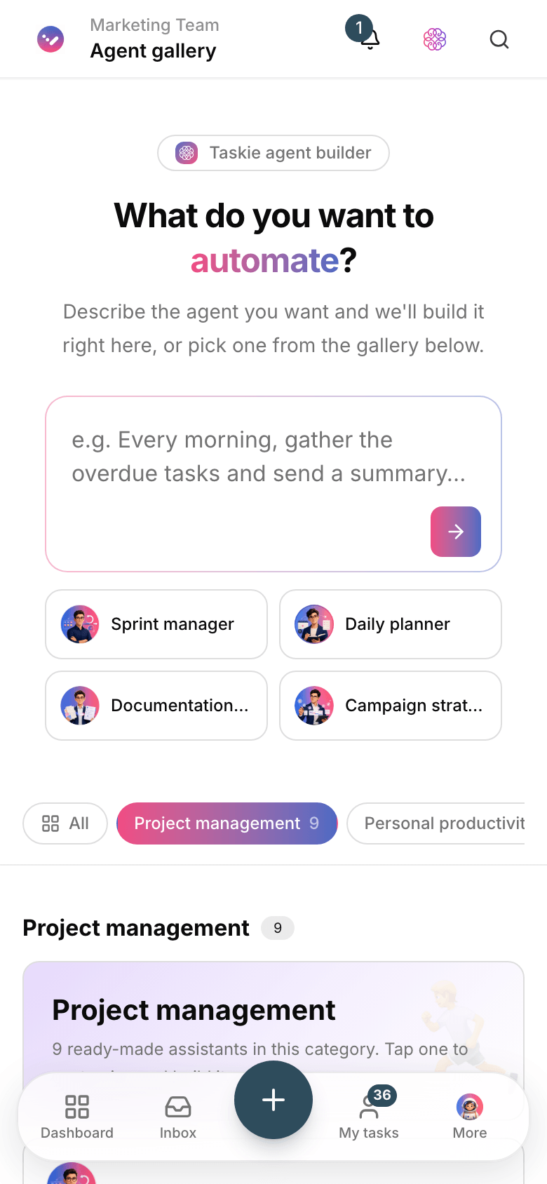 AI agent settings in Taskie