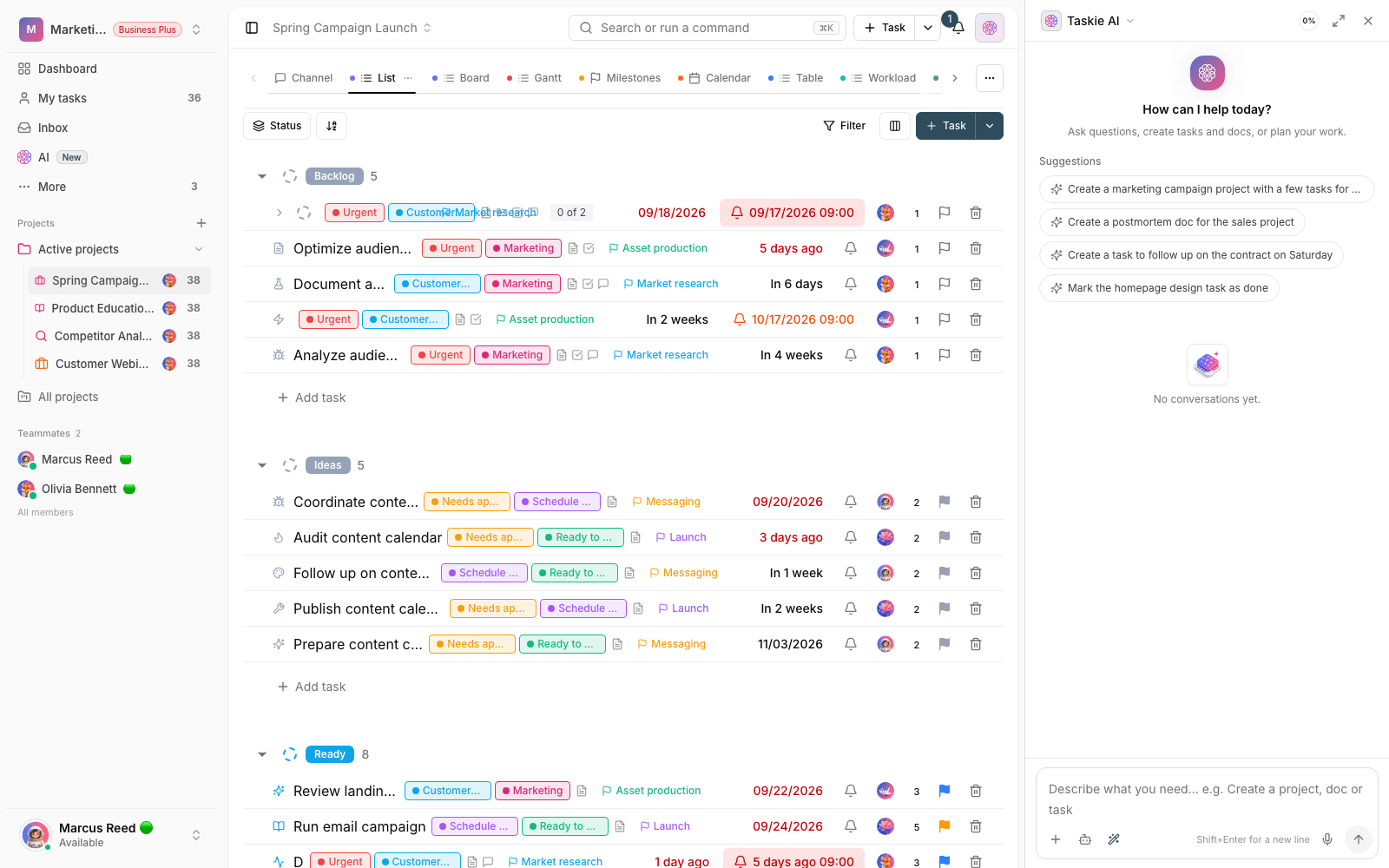 Chatting with Taskie's AI assistant next to a project's tasks