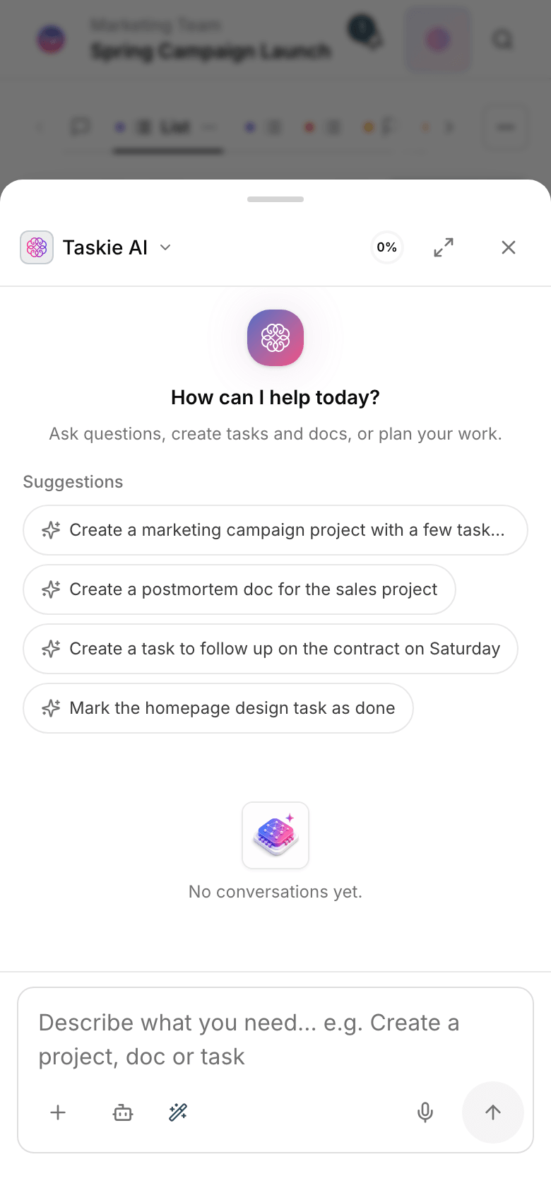 Taskie's AI assistant on mobile
