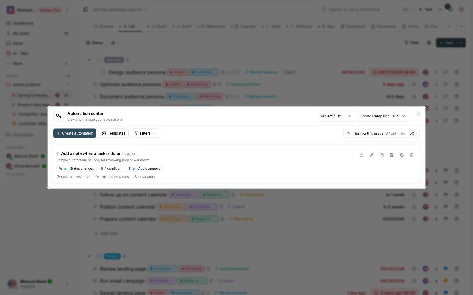 The Taskie automation center with when, if, then rules