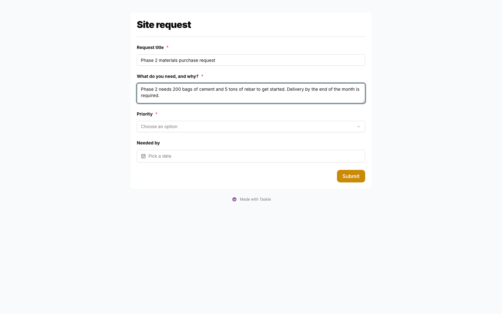 A building materials purchase request form in Taskie