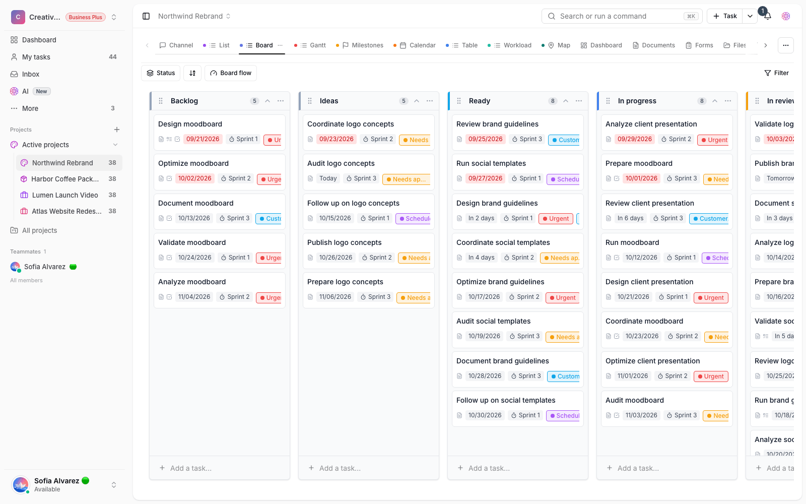 An agency delivery board in Taskie with status columns
