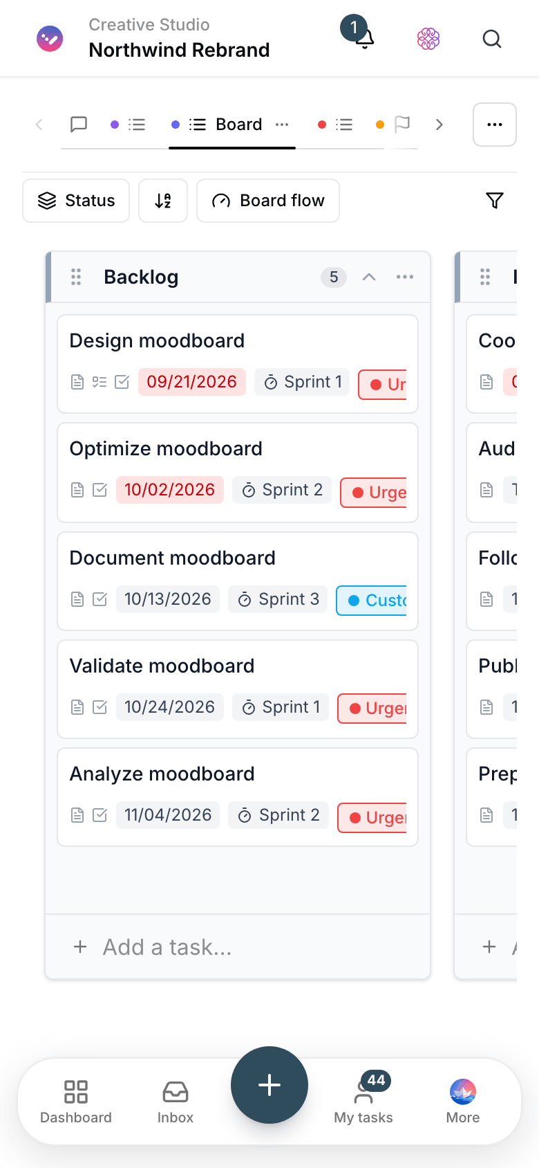 An agency delivery board in Taskie with status columns