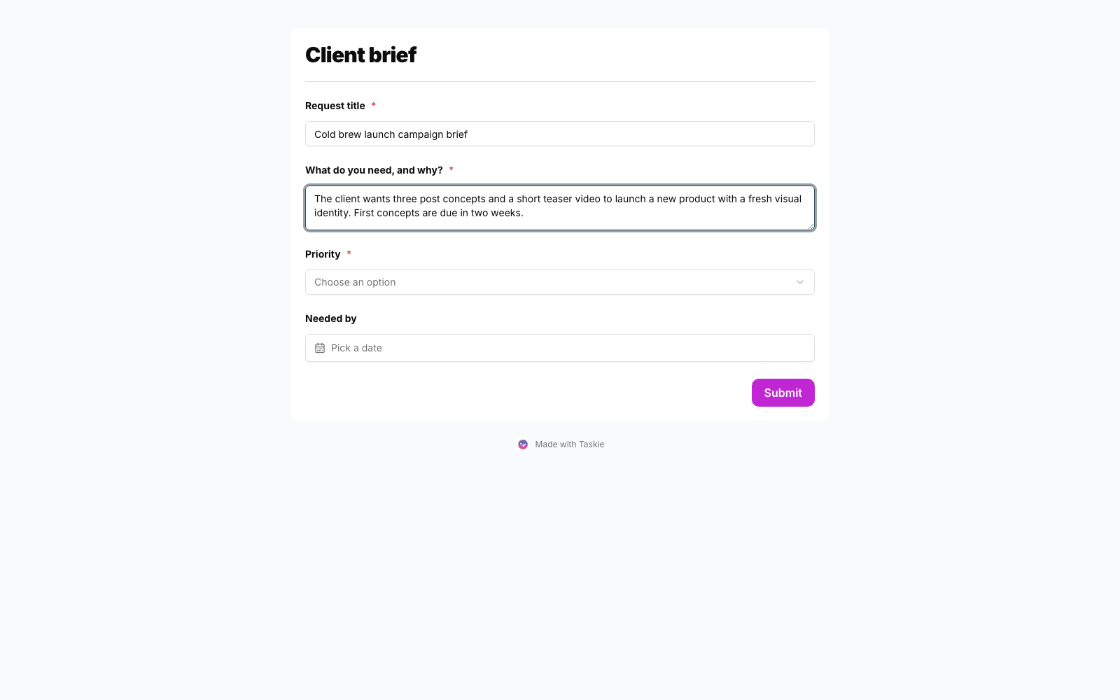 A client brief form in Taskie