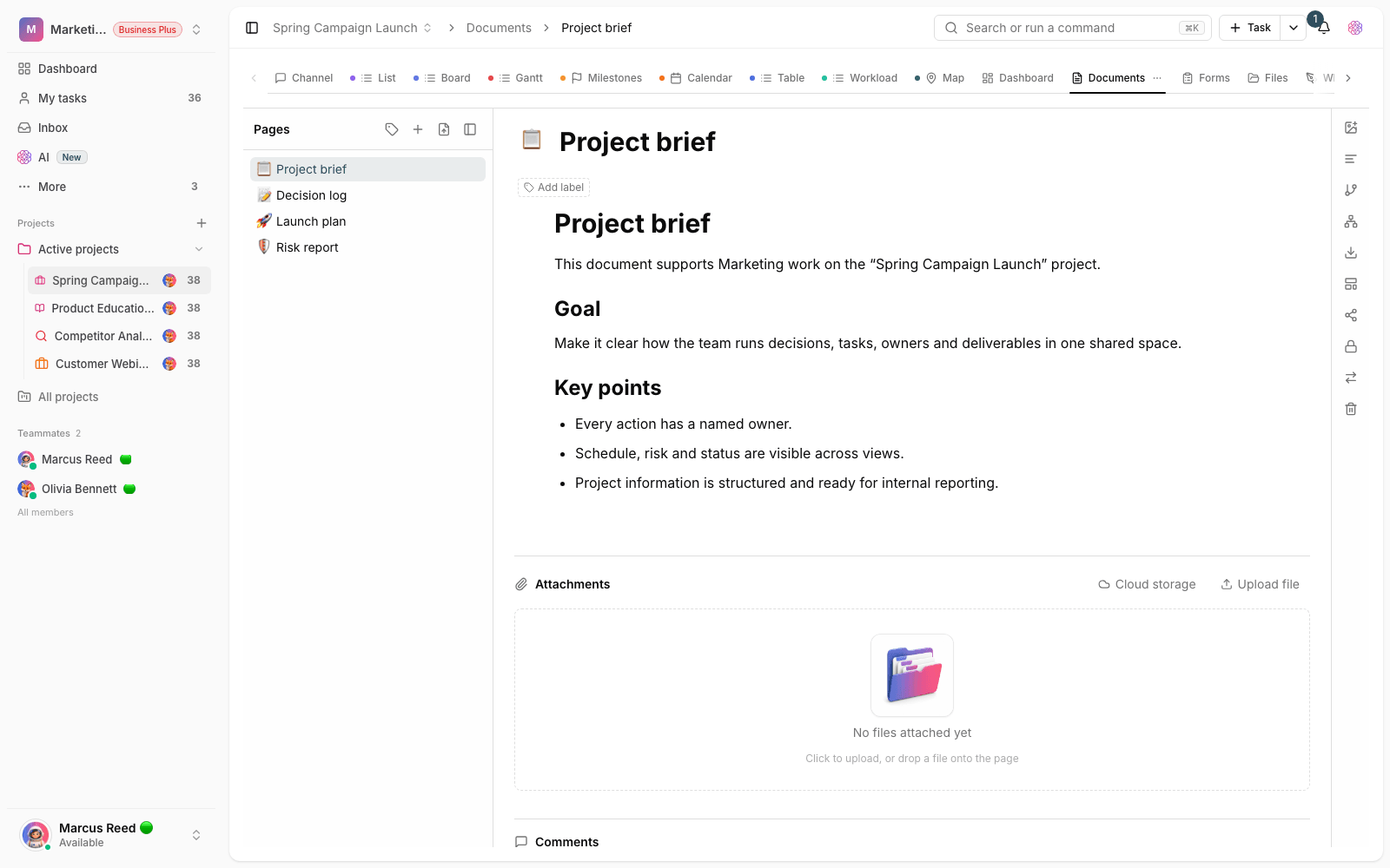 A Taskie project doc with its page tree in the sidebar