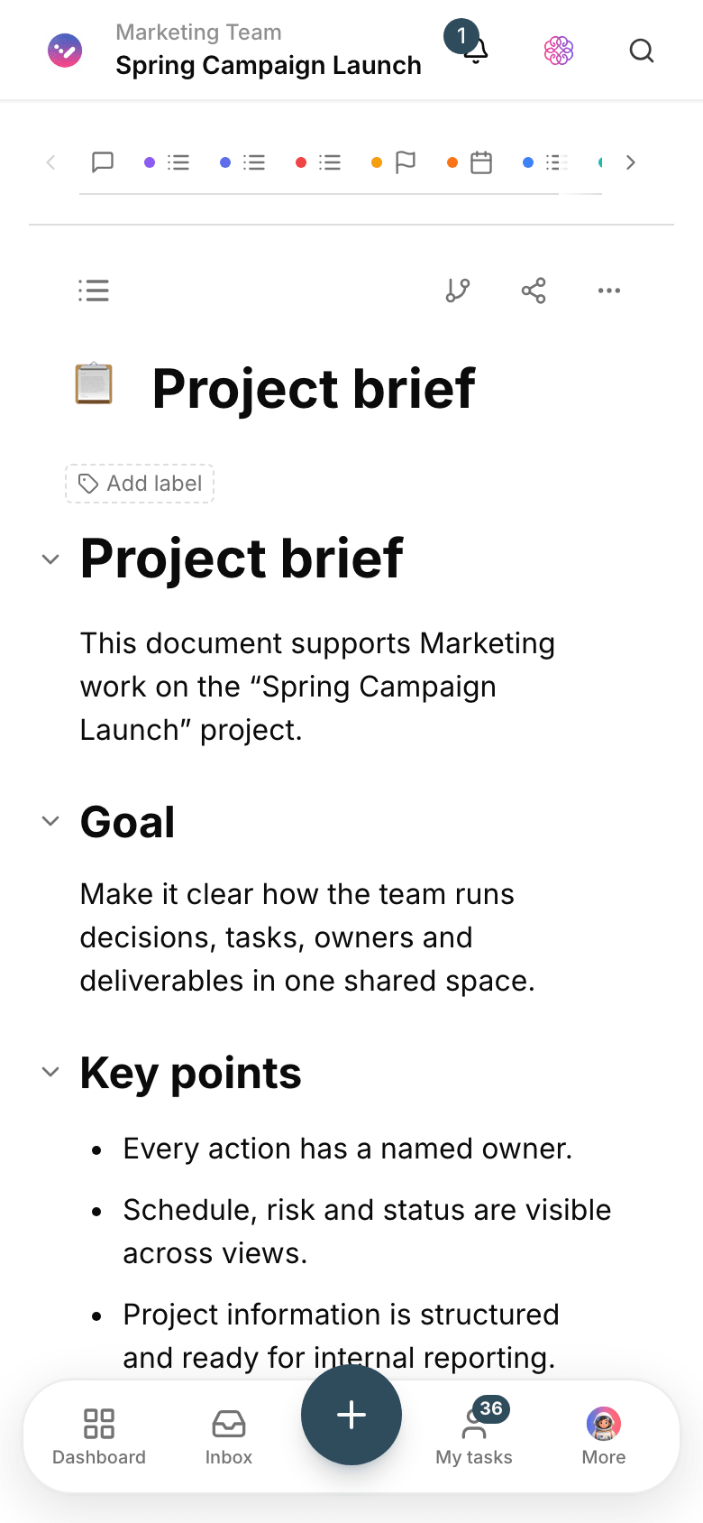 A Taskie project doc with its page tree in the sidebar