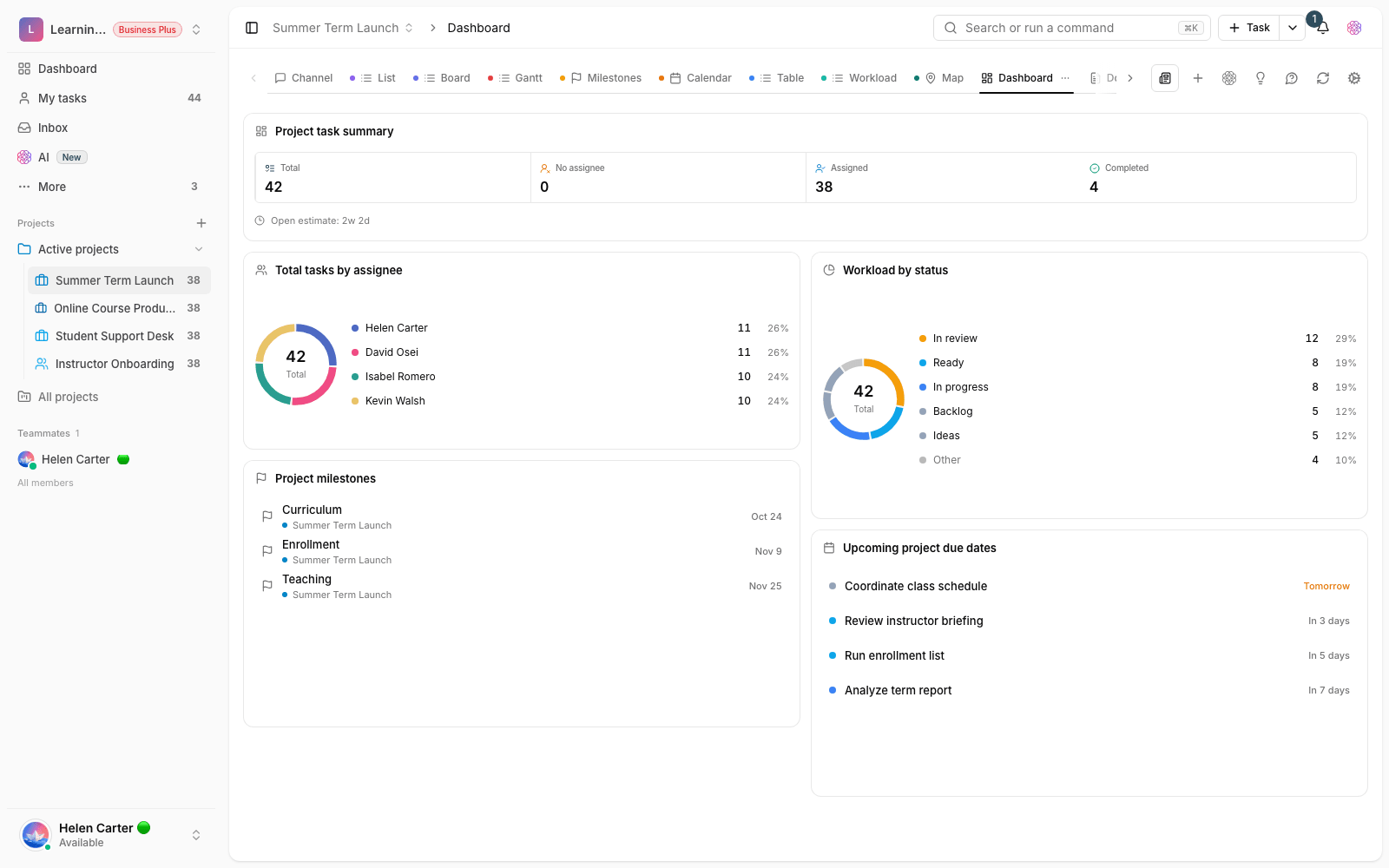 A course delivery dashboard in Taskie