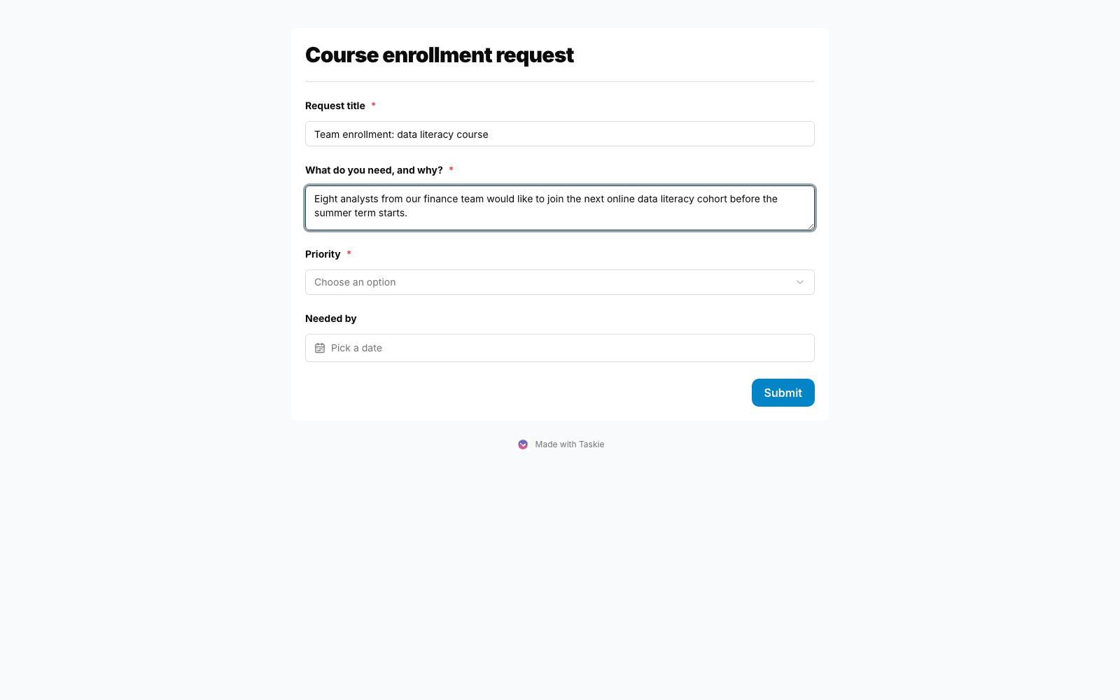 An education request form in Taskie