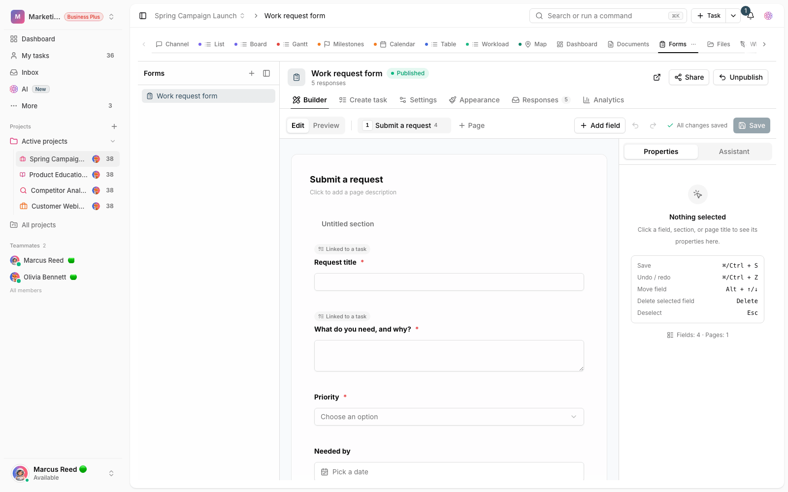 The Taskie form builder with request fields and settings tabs