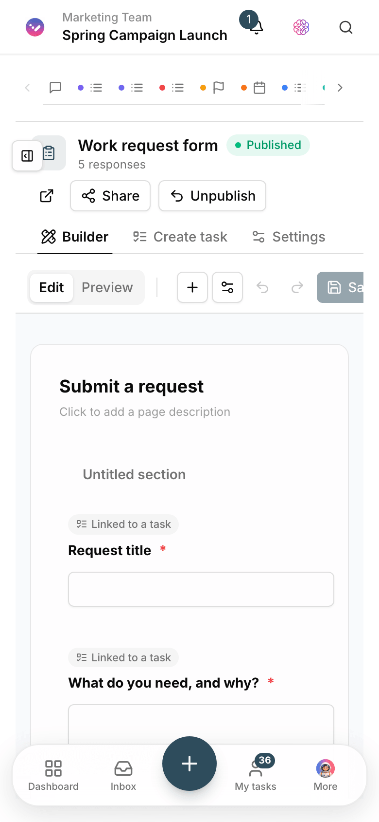 The Taskie form builder with request fields and settings tabs