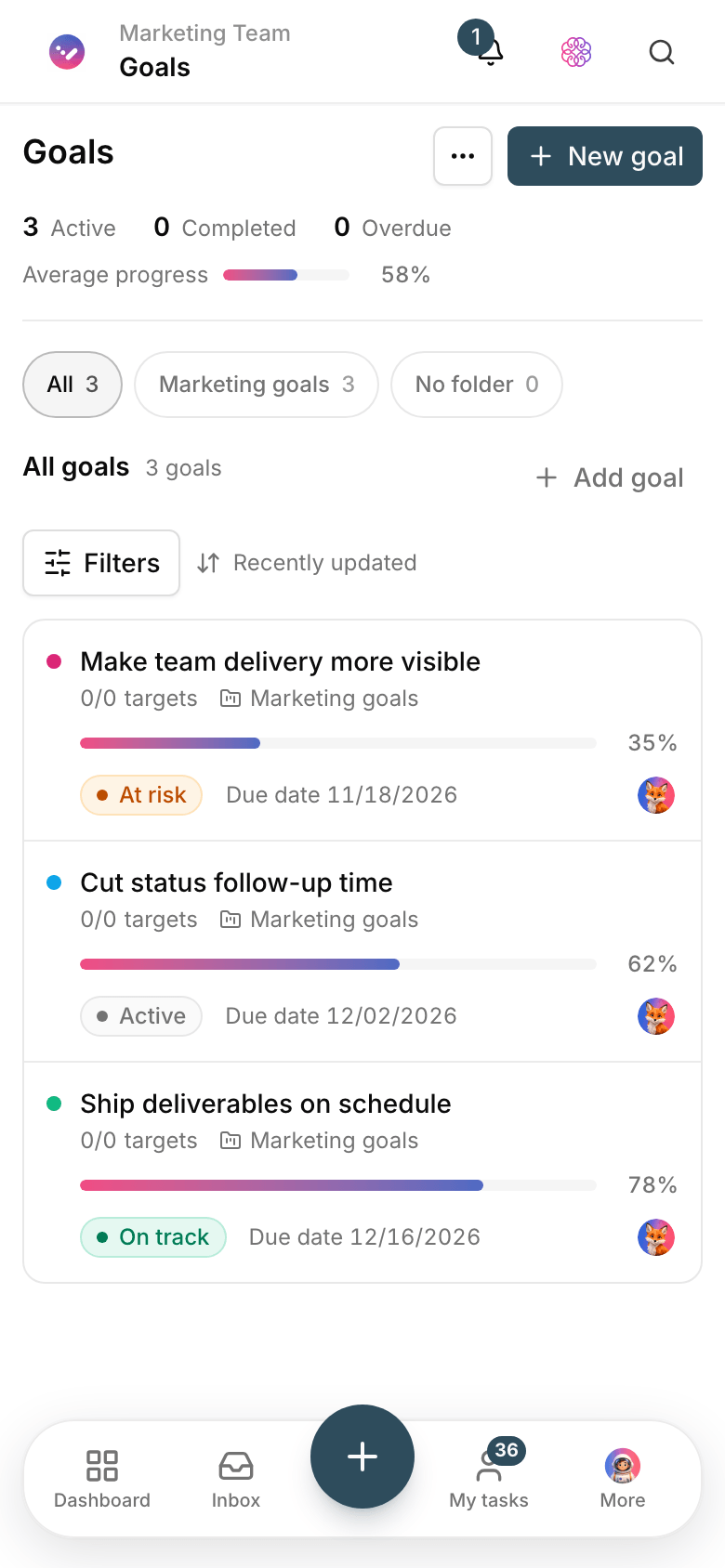The Taskie goals page with a progress bar and status for each goal