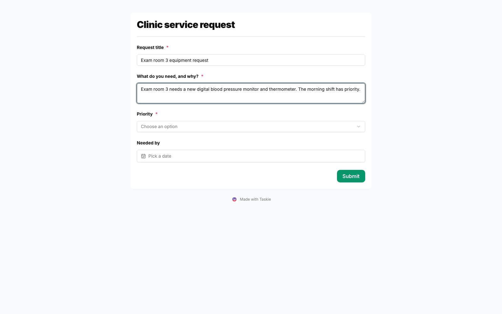 An internal request form for a care team in Taskie