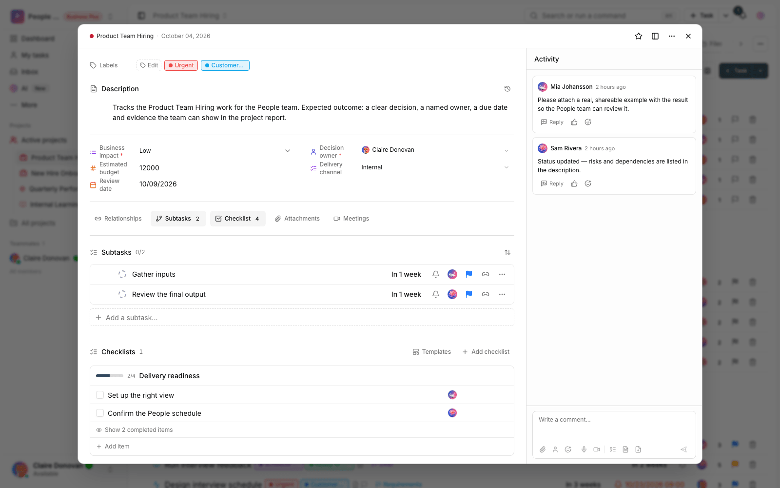 An onboarding task with a checklist in Taskie