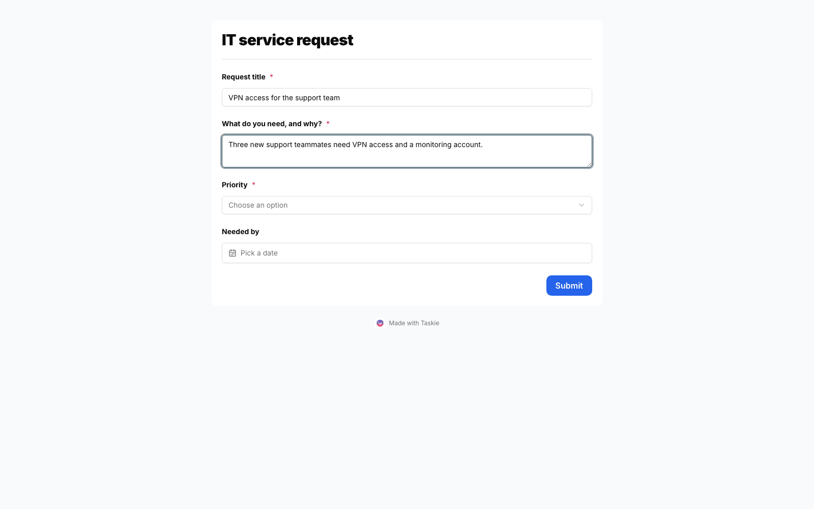 An IT request form in Taskie