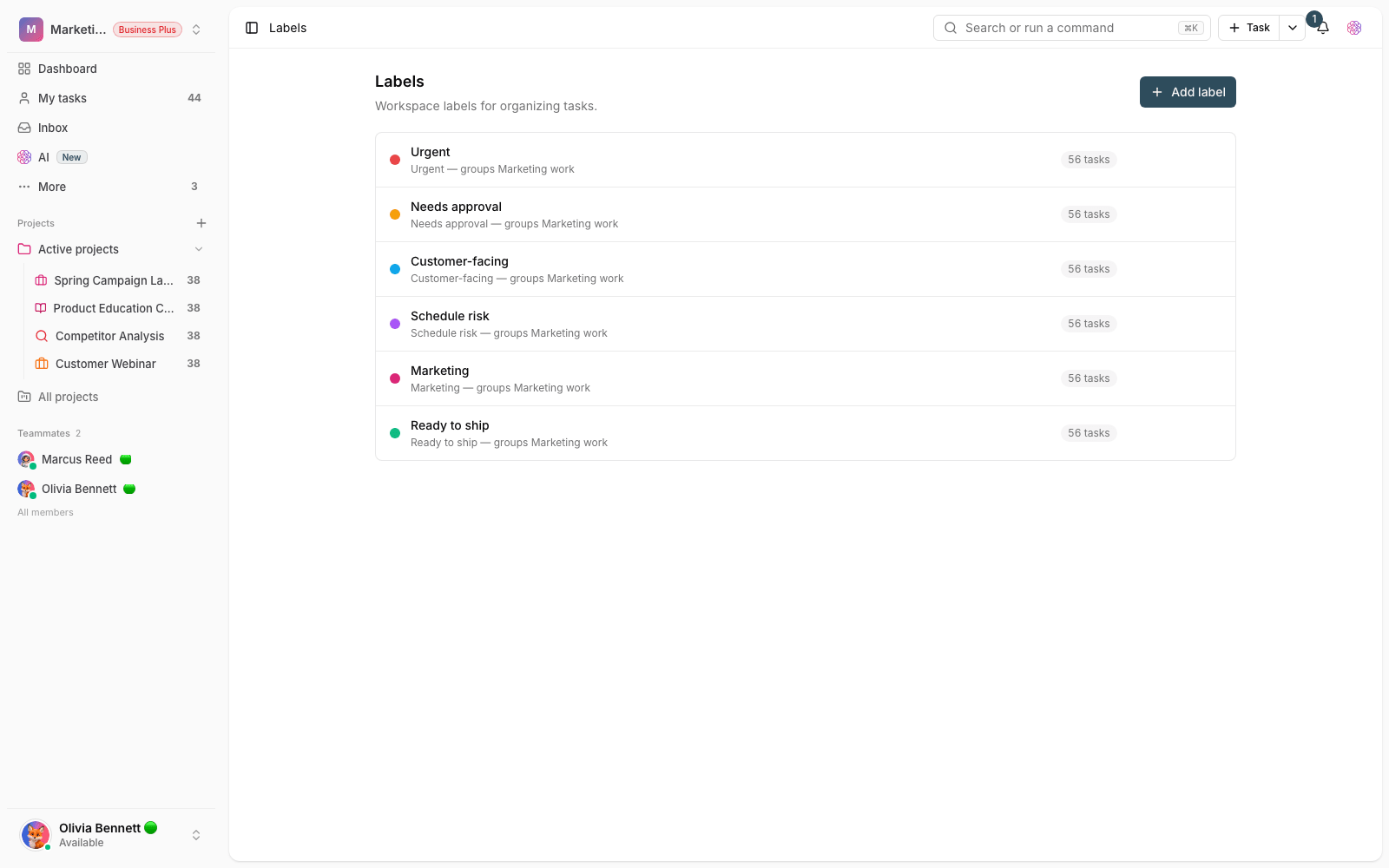 Managing workspace labels