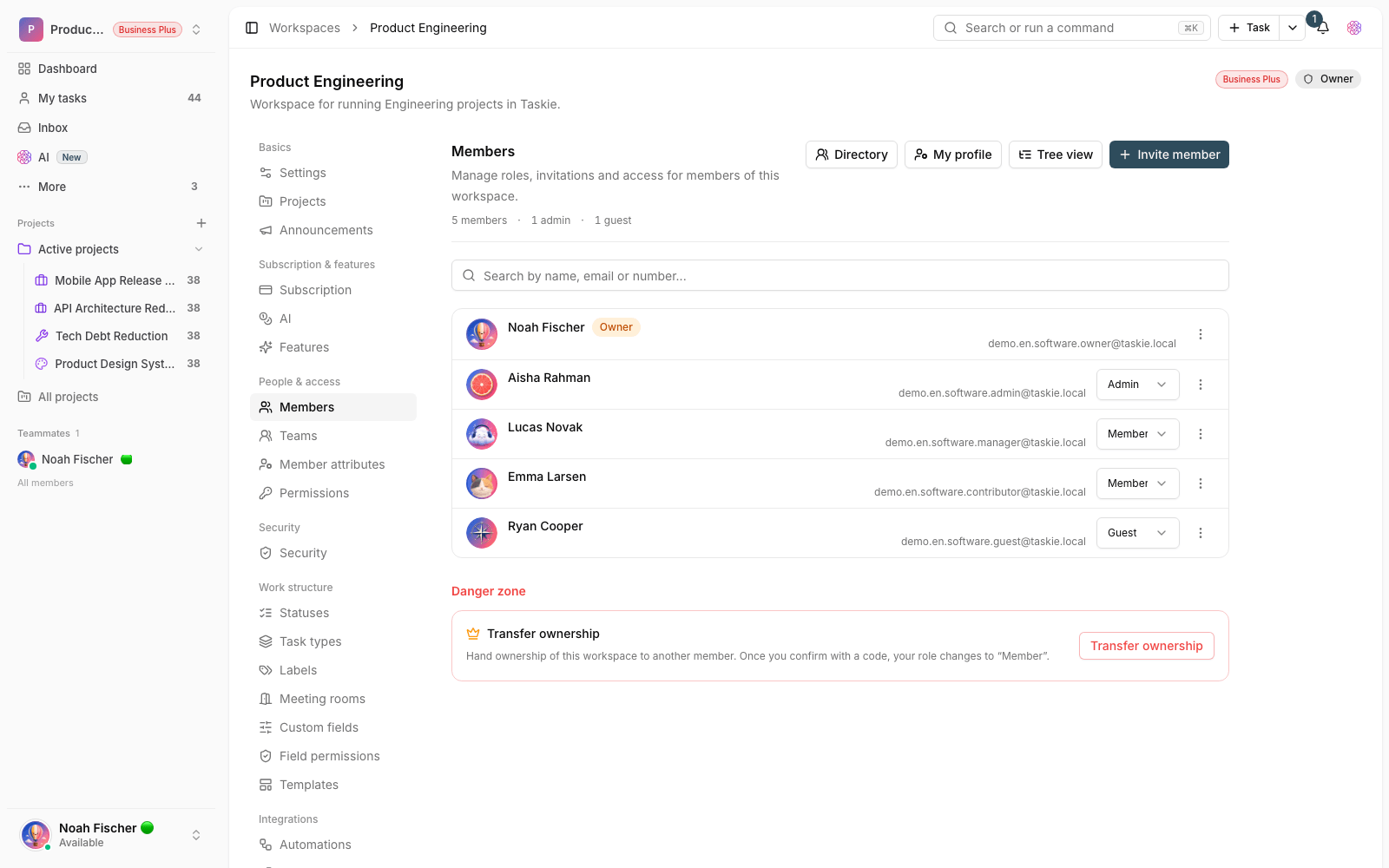 Managing workspace members and roles in Taskie