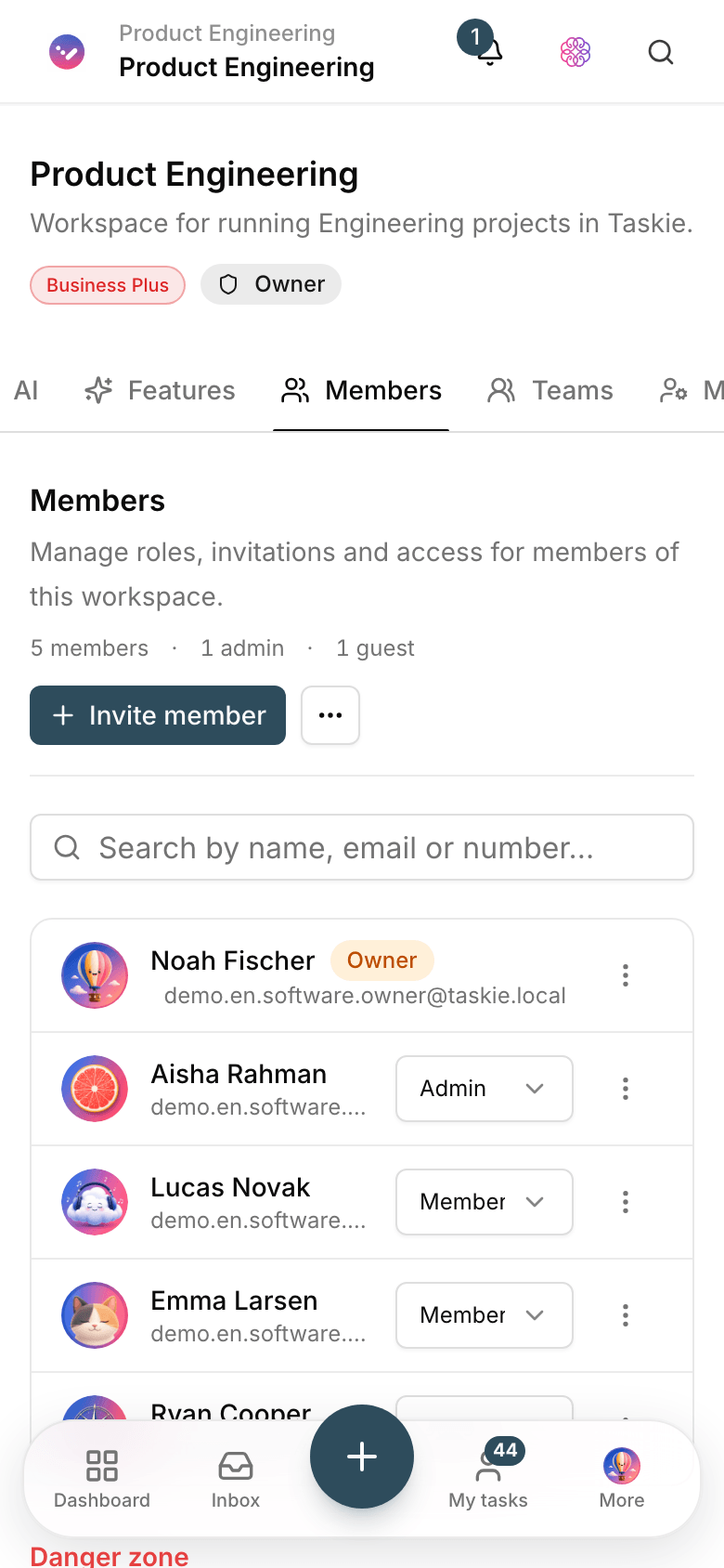 Managing workspace members and roles in Taskie