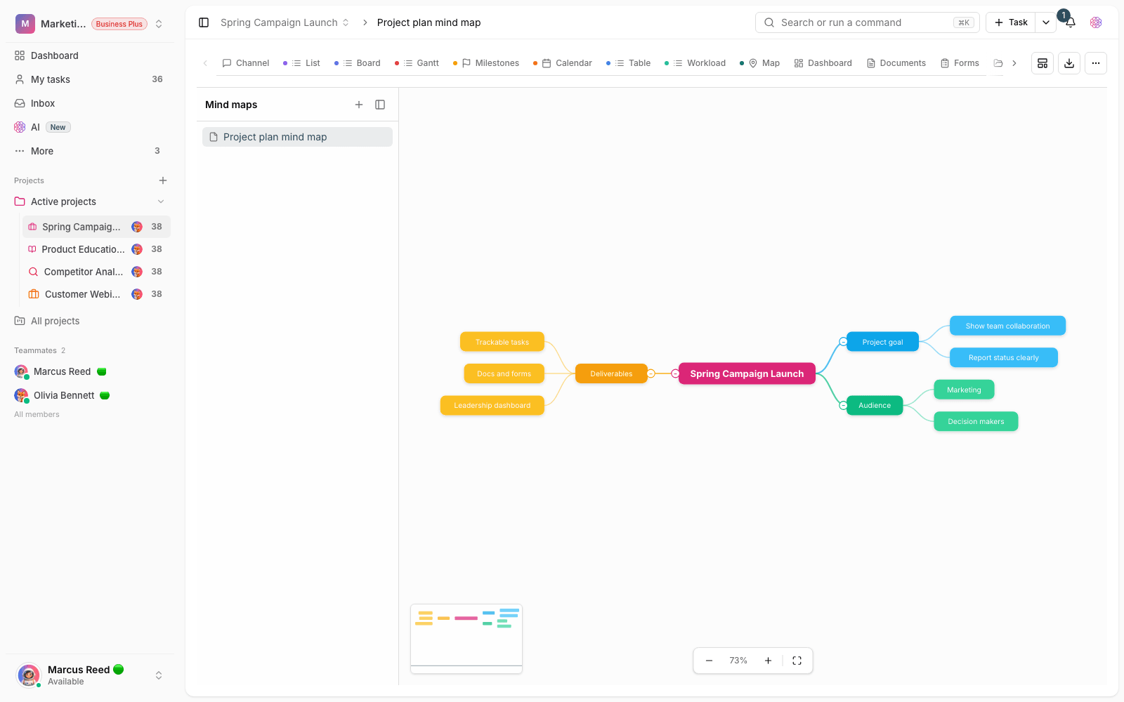 A project mind map in Taskie with colored nodes