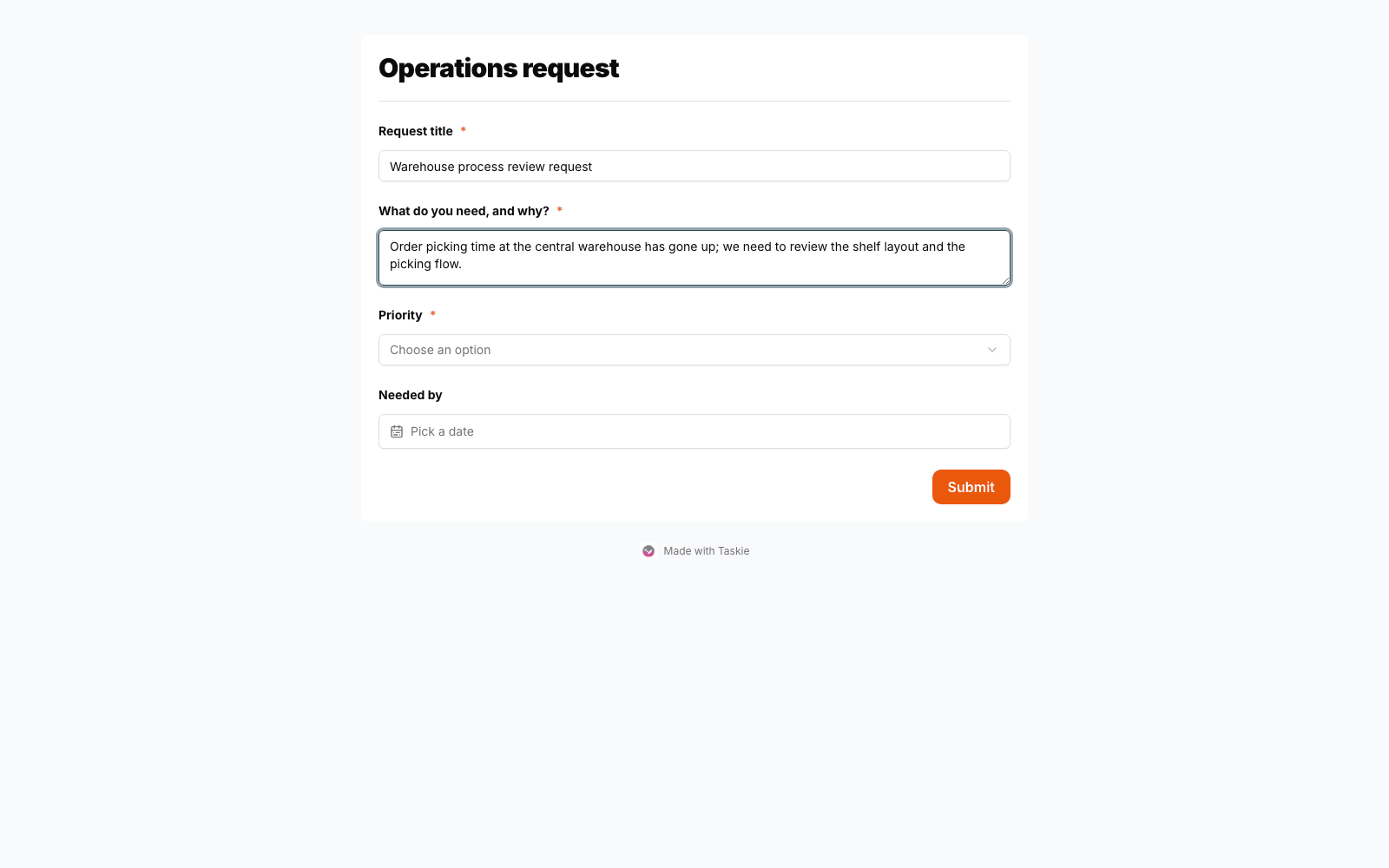 An internal operations request form in Taskie