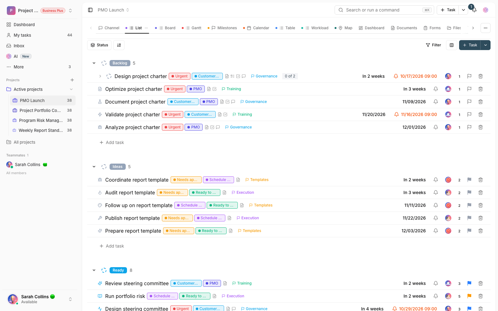 A project task list view in Taskie