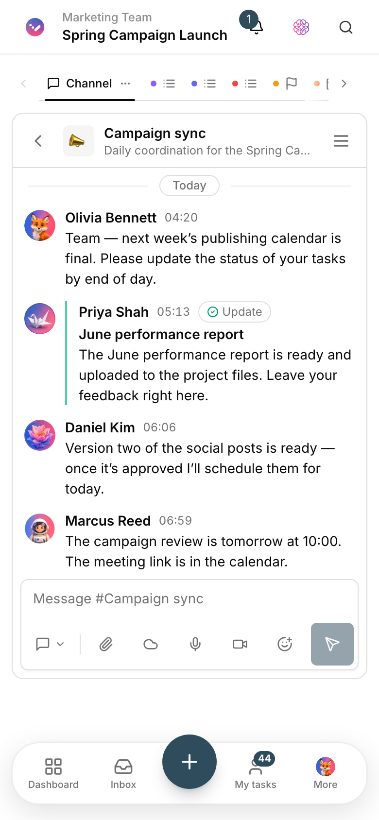 A Taskie project channel with messages from team members