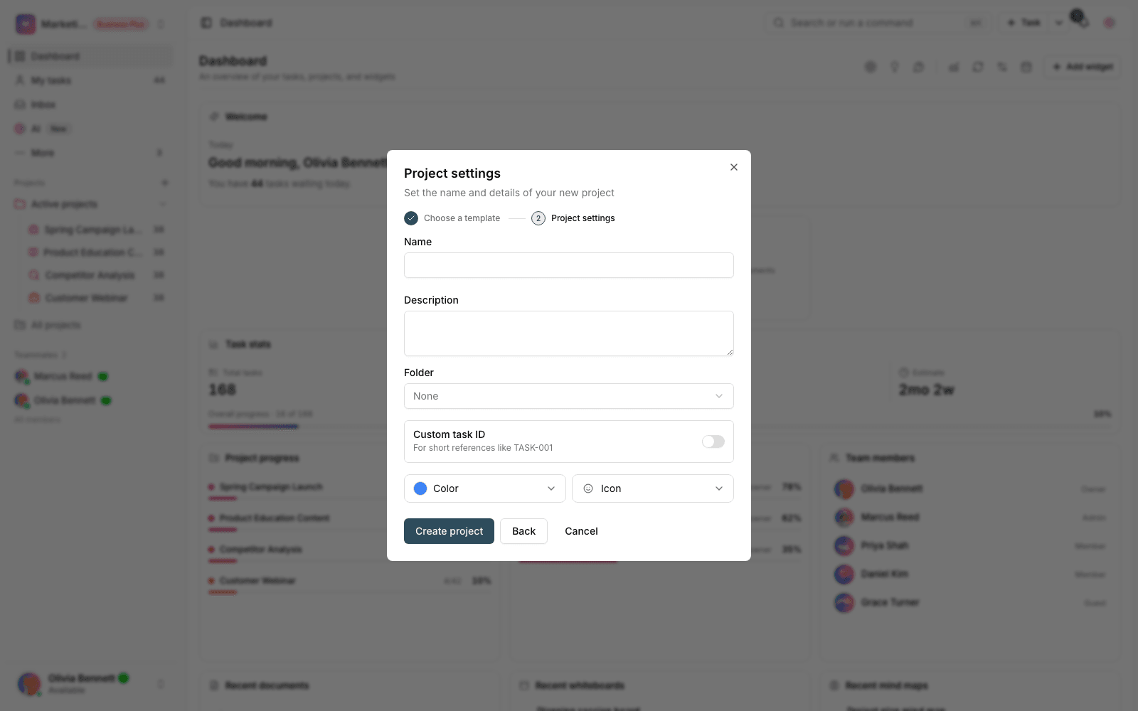 The create project window