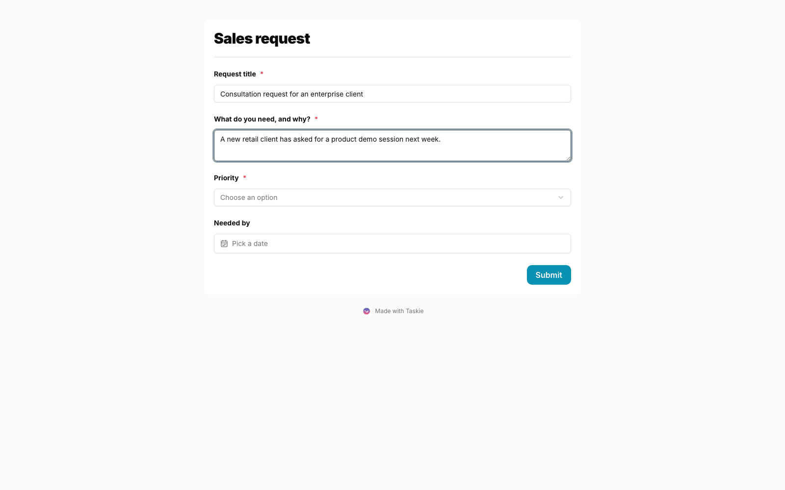 A sales consultation request form in Taskie