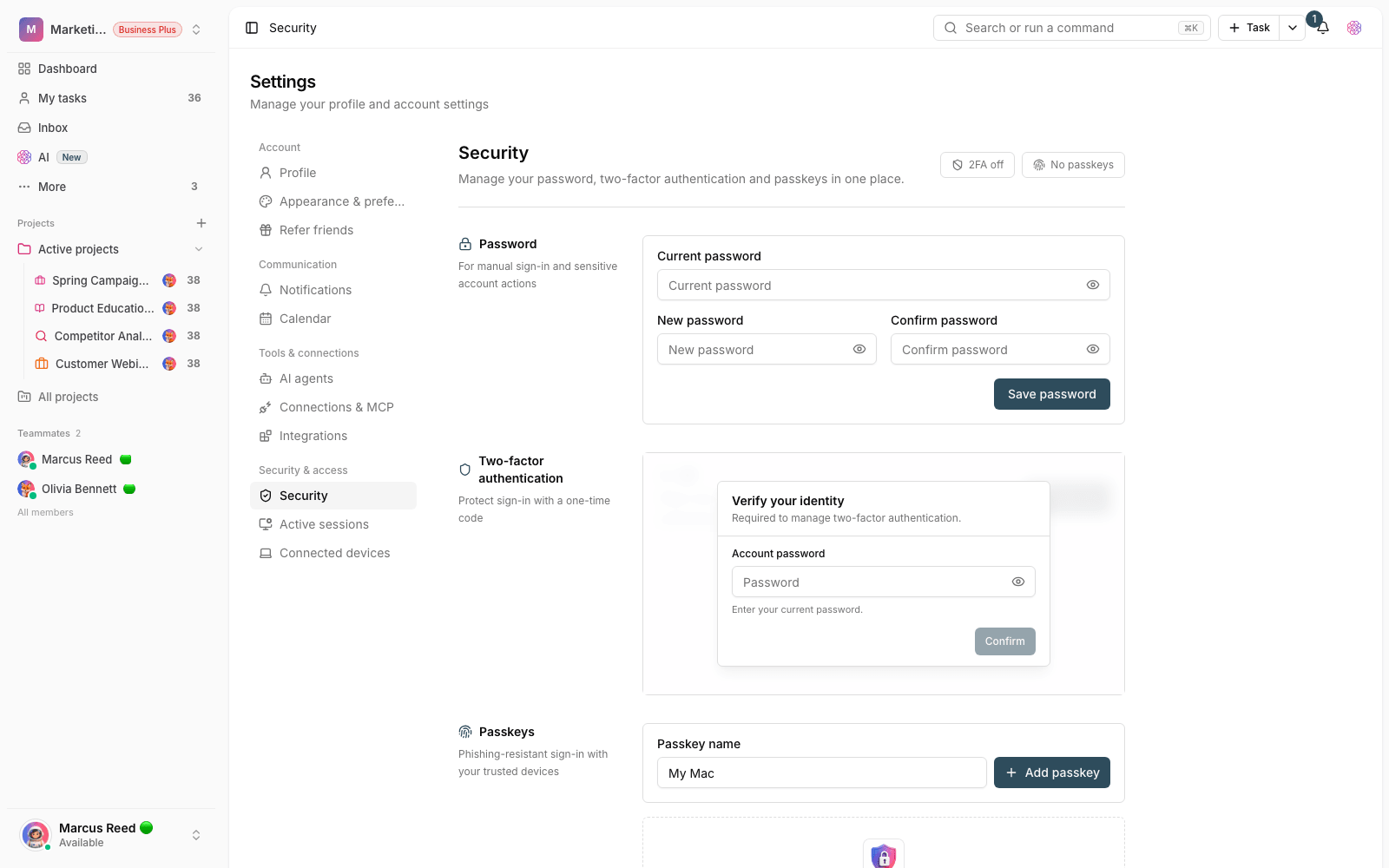 Two-factor authentication settings