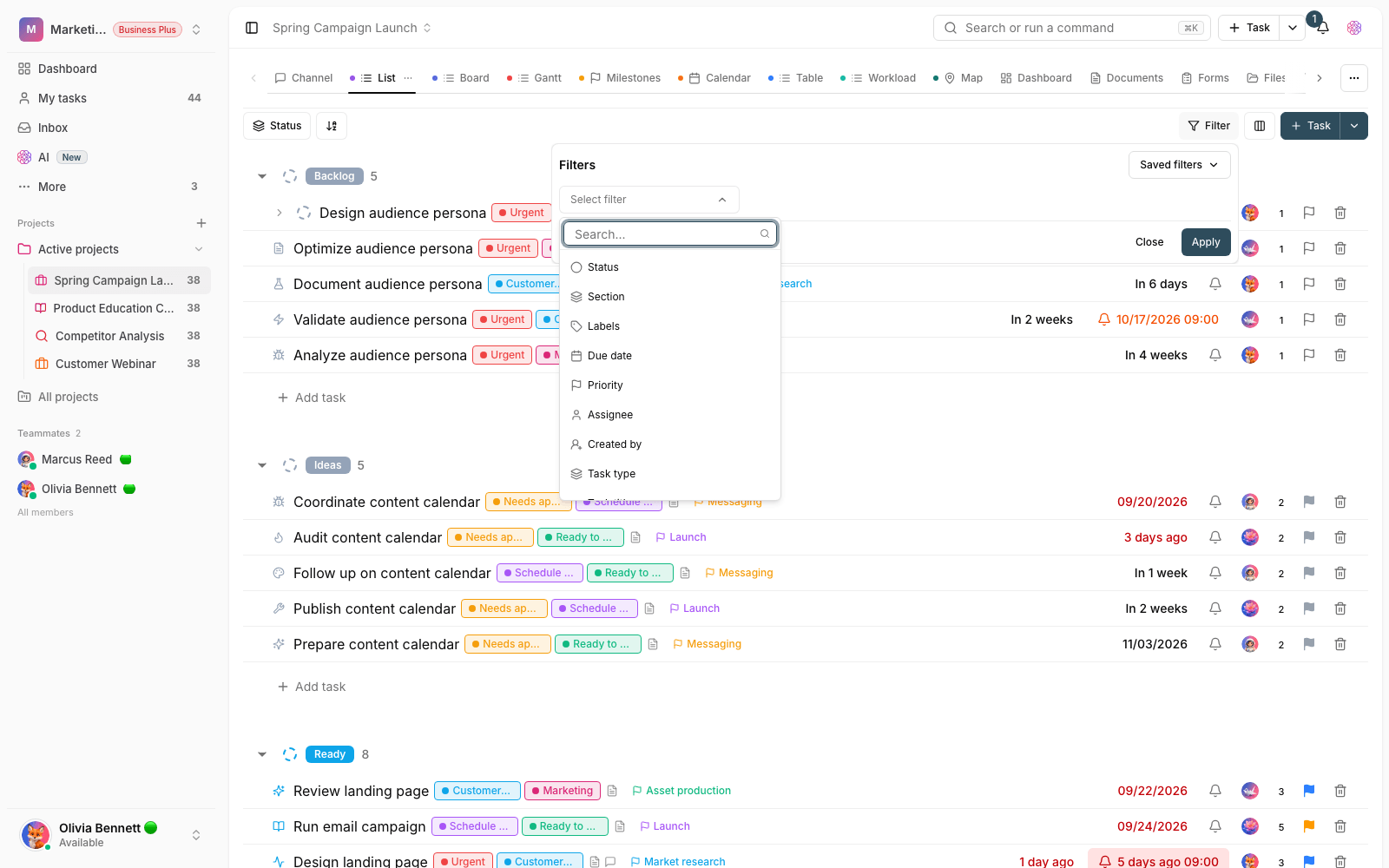 Taskie’s nested filter panel over a task list