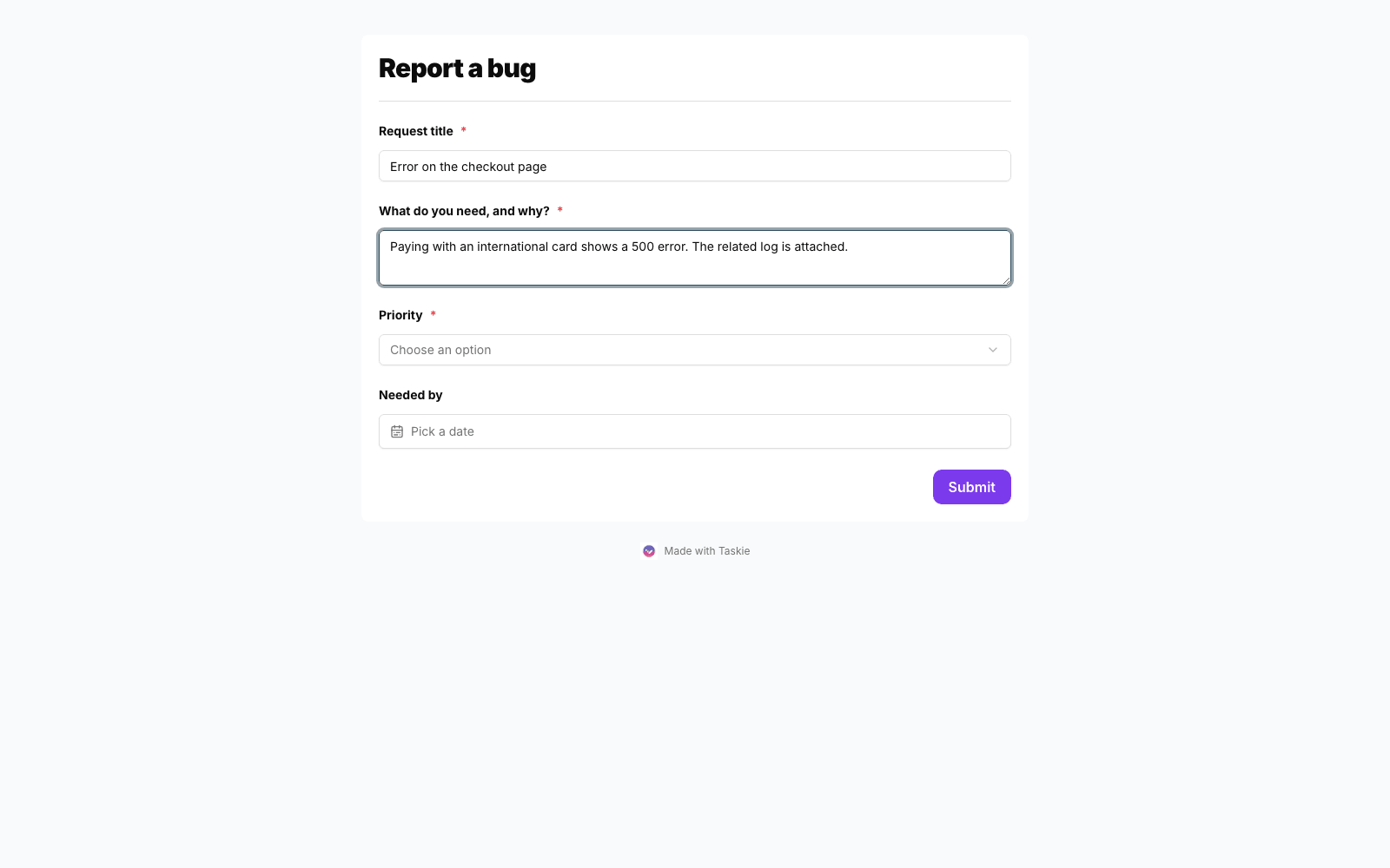 A bug report form in Taskie