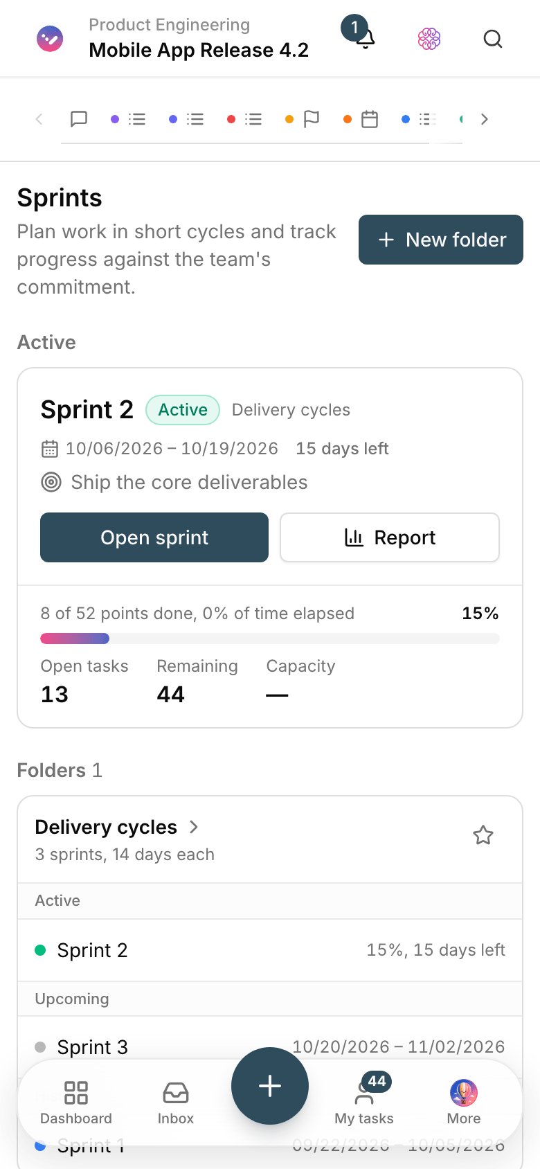 A software team’s sprint board in Taskie