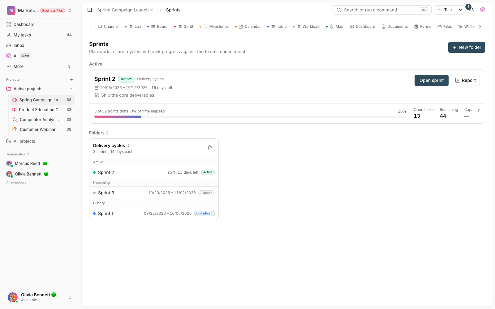 Managing project sprints in Taskie