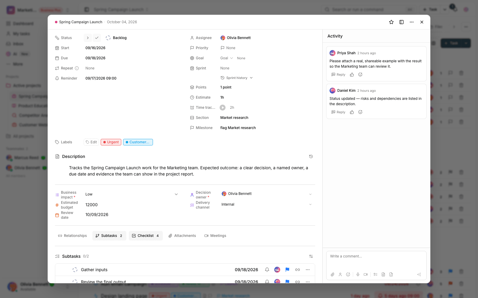 Task details in Taskie with custom fields