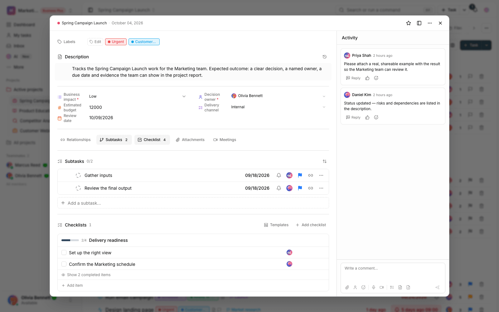 Task subtasks and checklists