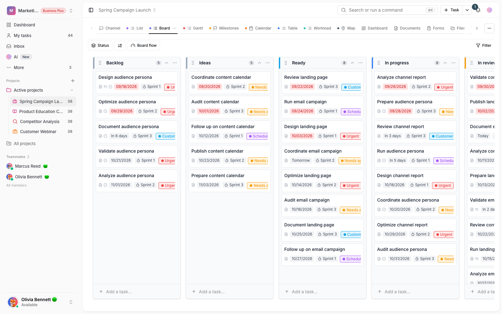 A Taskie project board with status columns and task cards