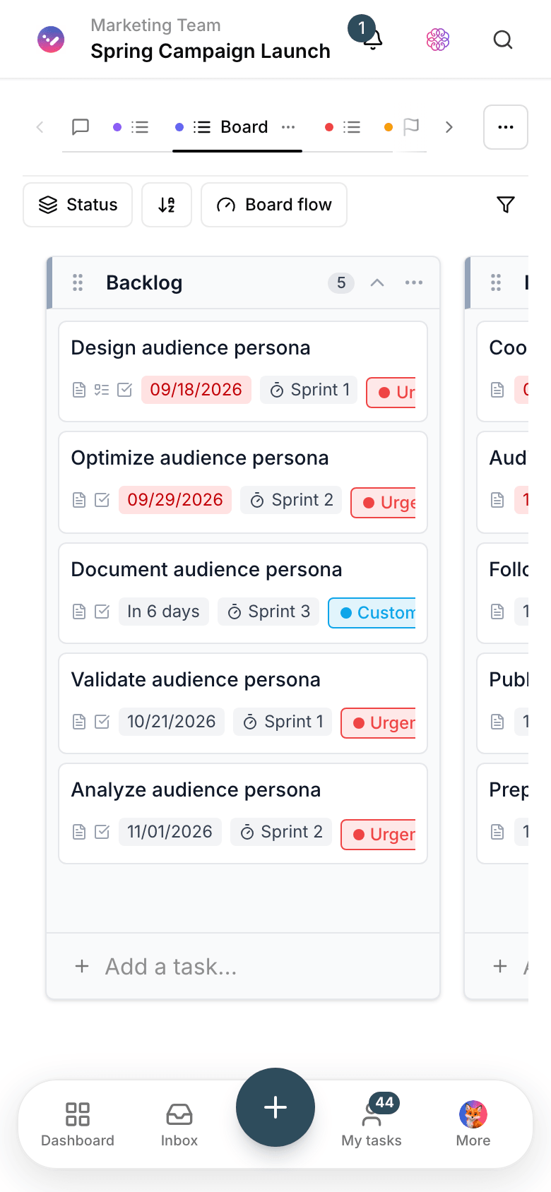 A Taskie project board with status columns and task cards