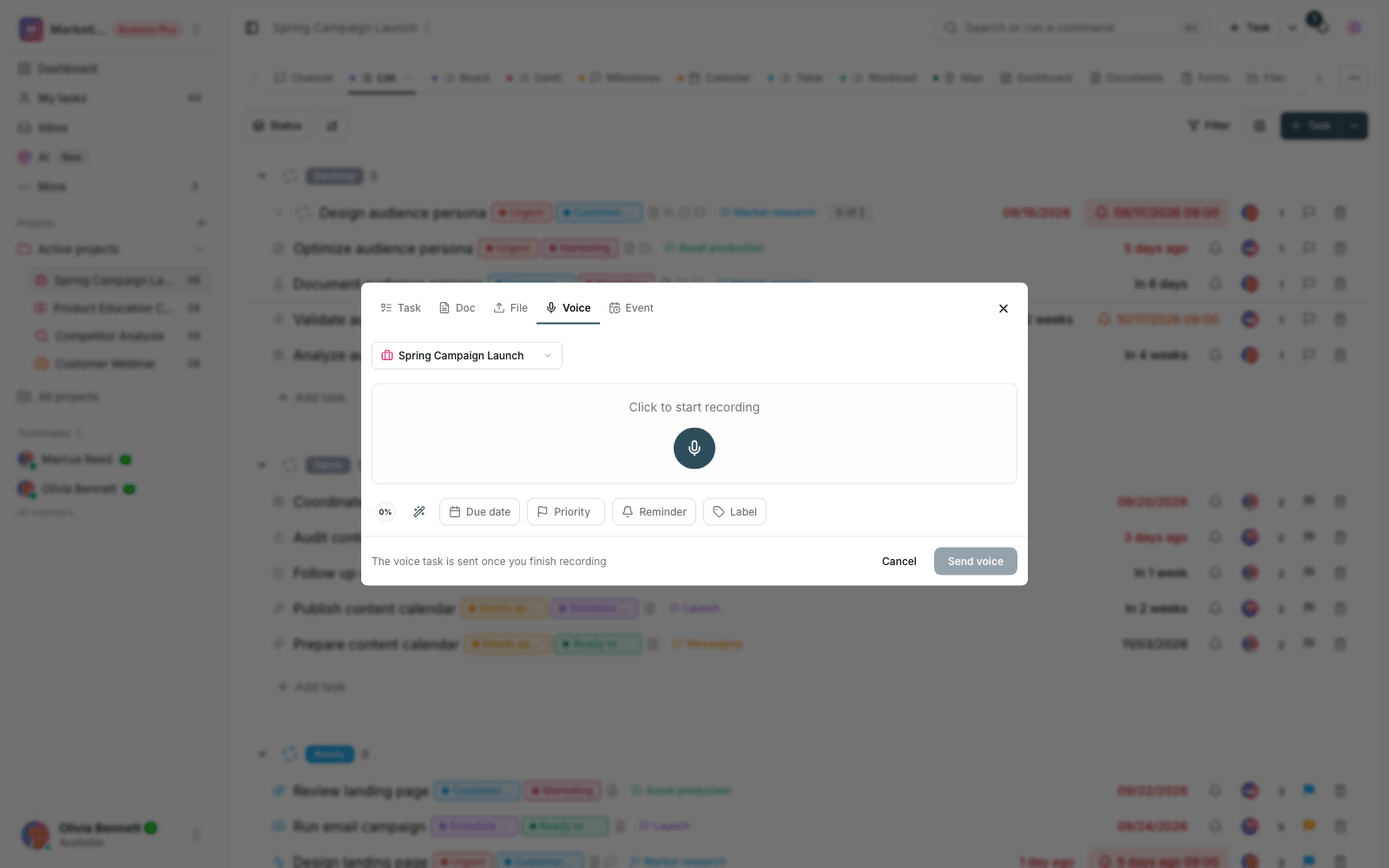 Creating a task from voice input in Taskie’s quick-add window