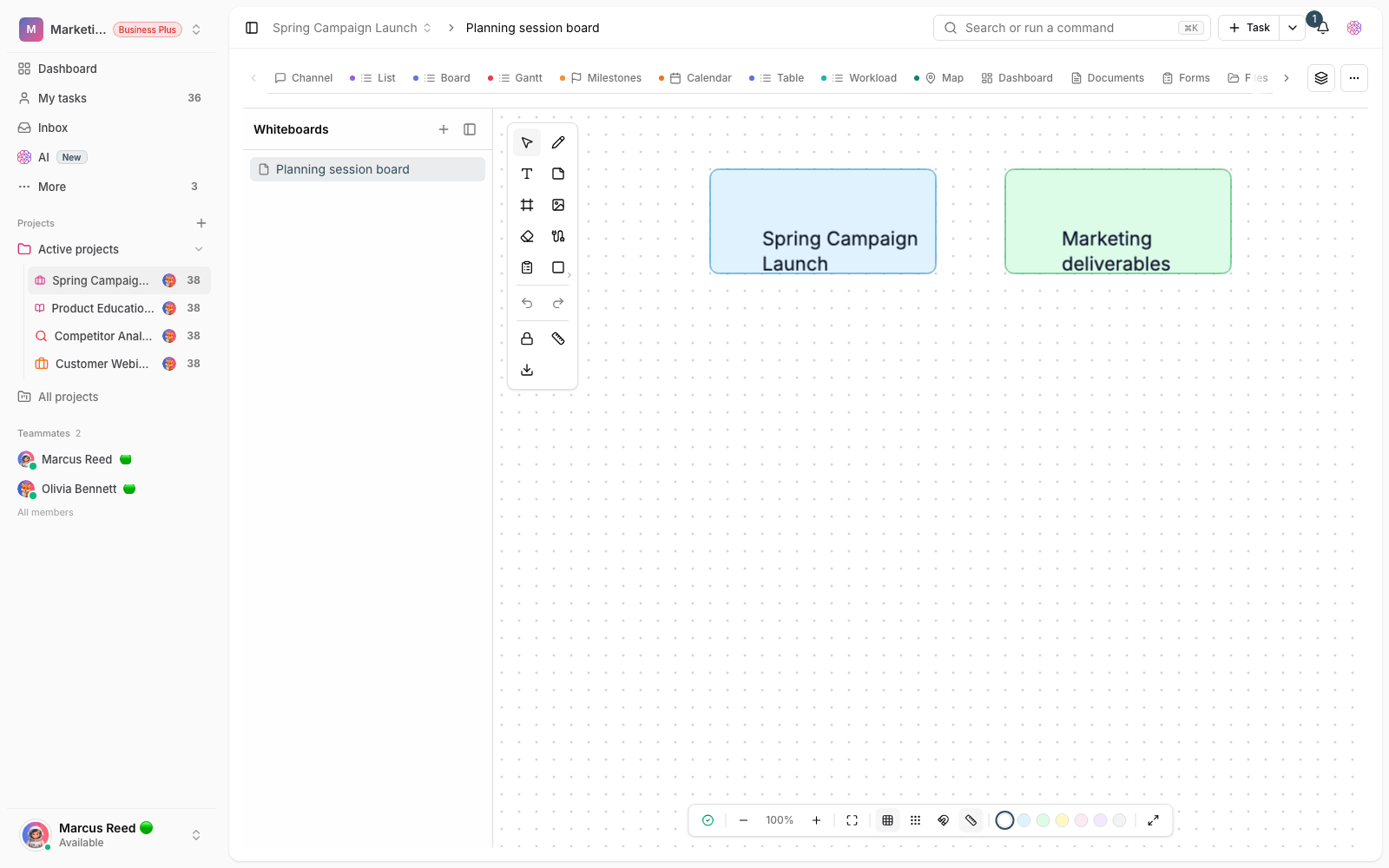 A collaborative team whiteboard in Taskie