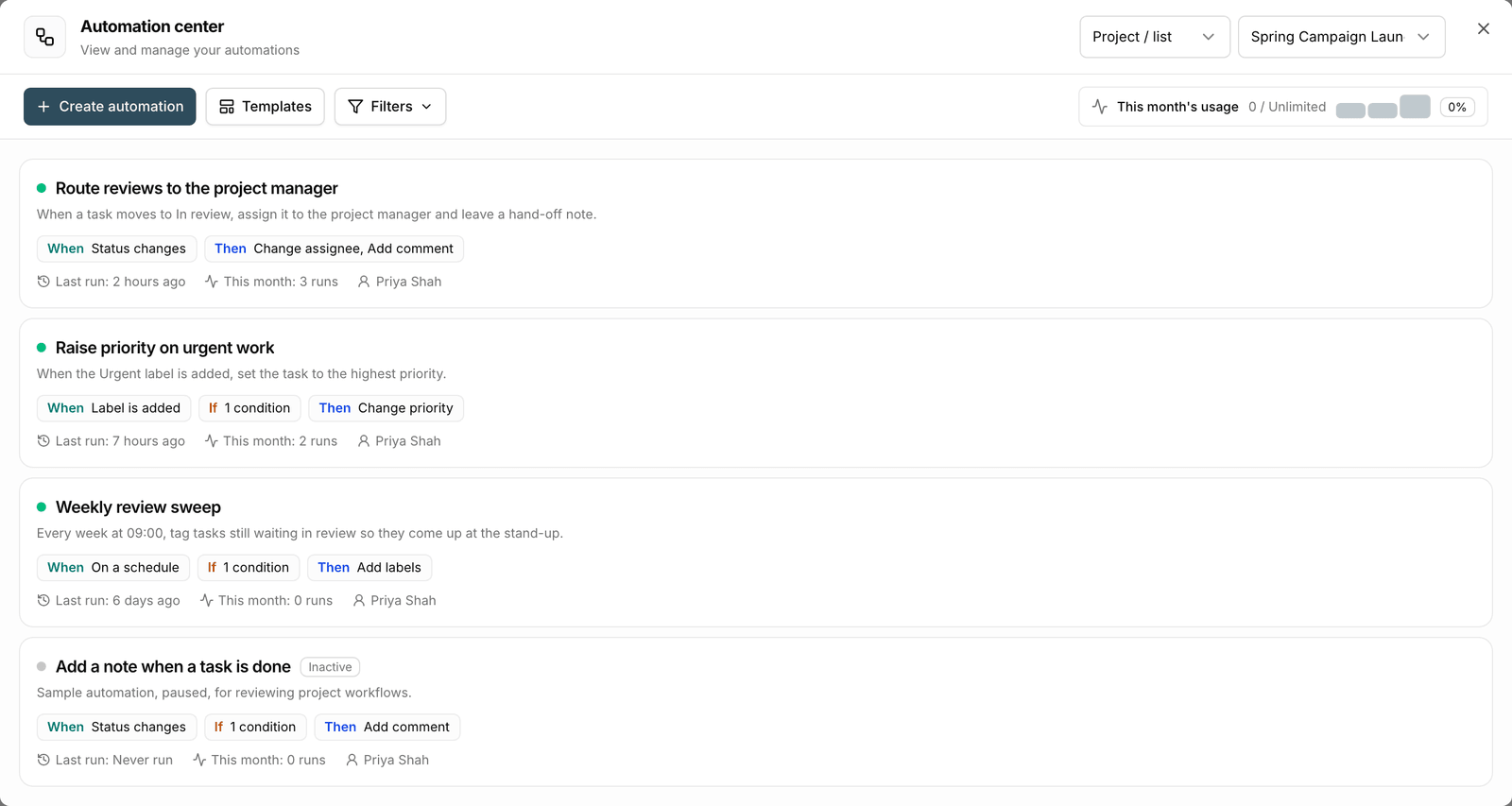 Manage automations
