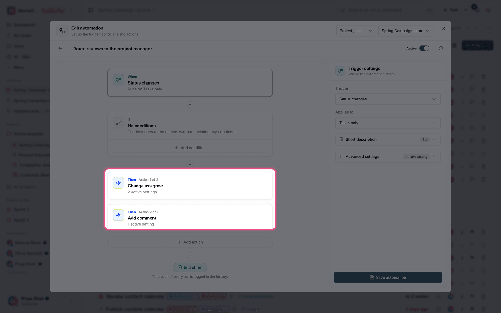 Automation action order