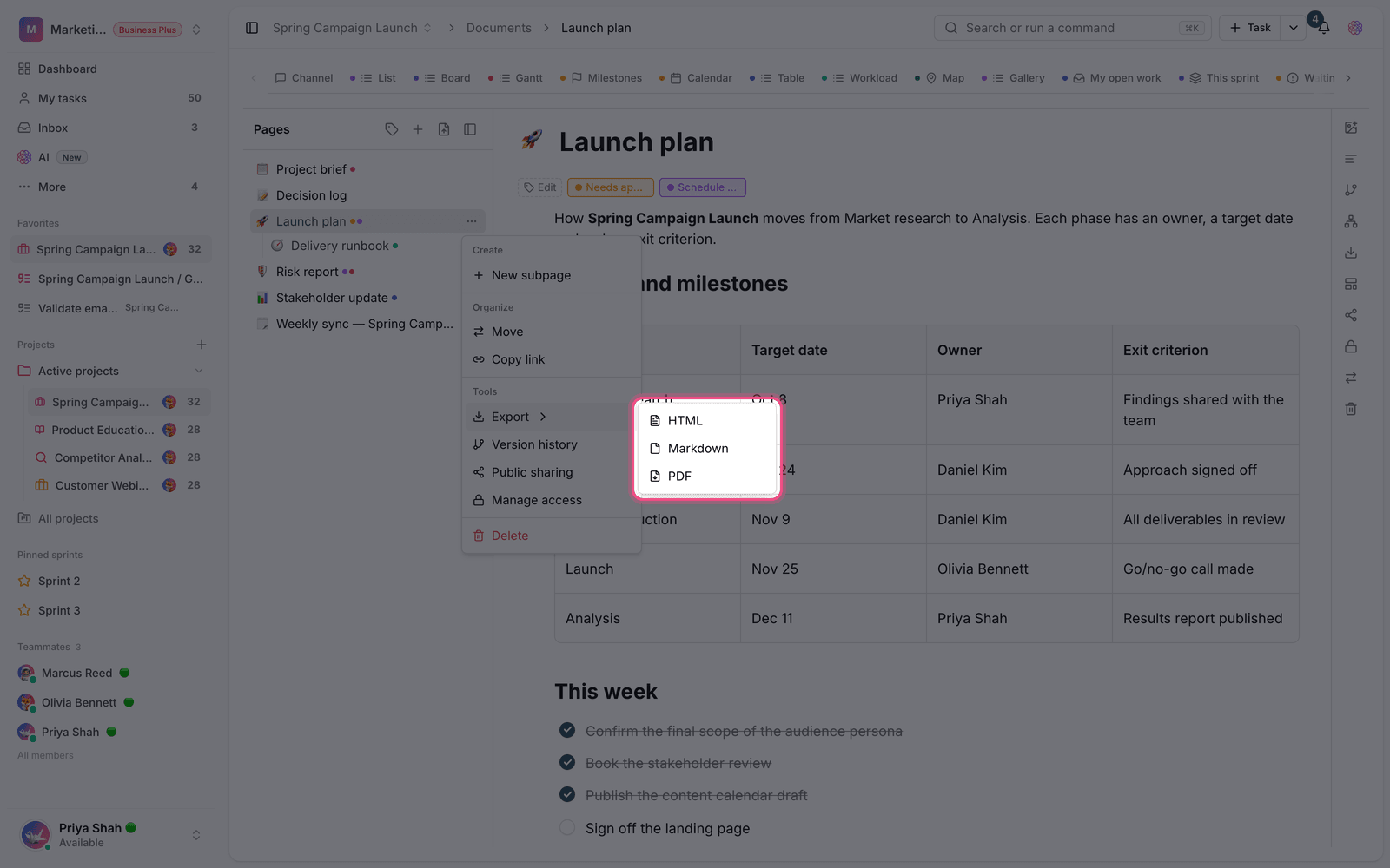 Exporting a document