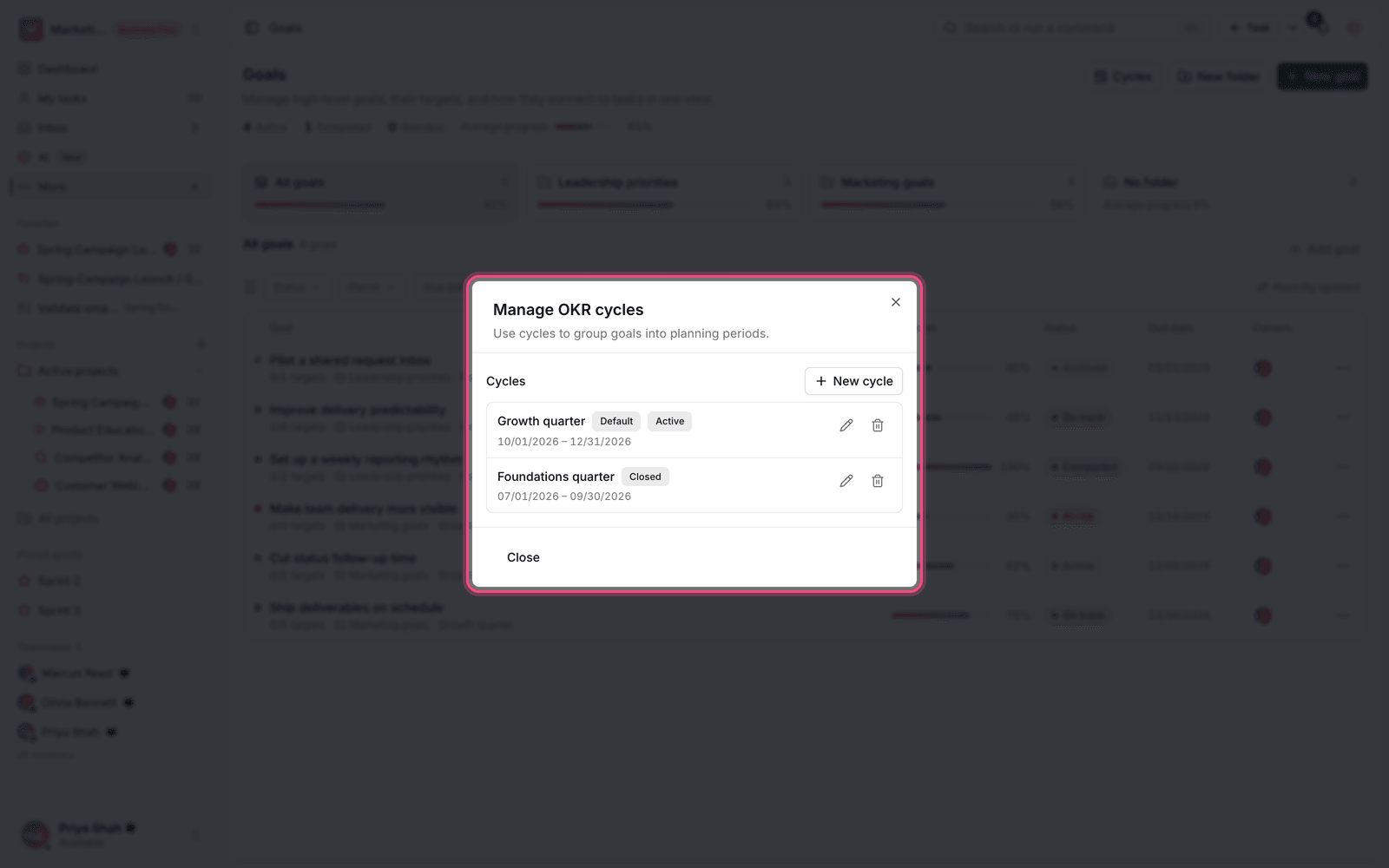 Manage OKR cycles