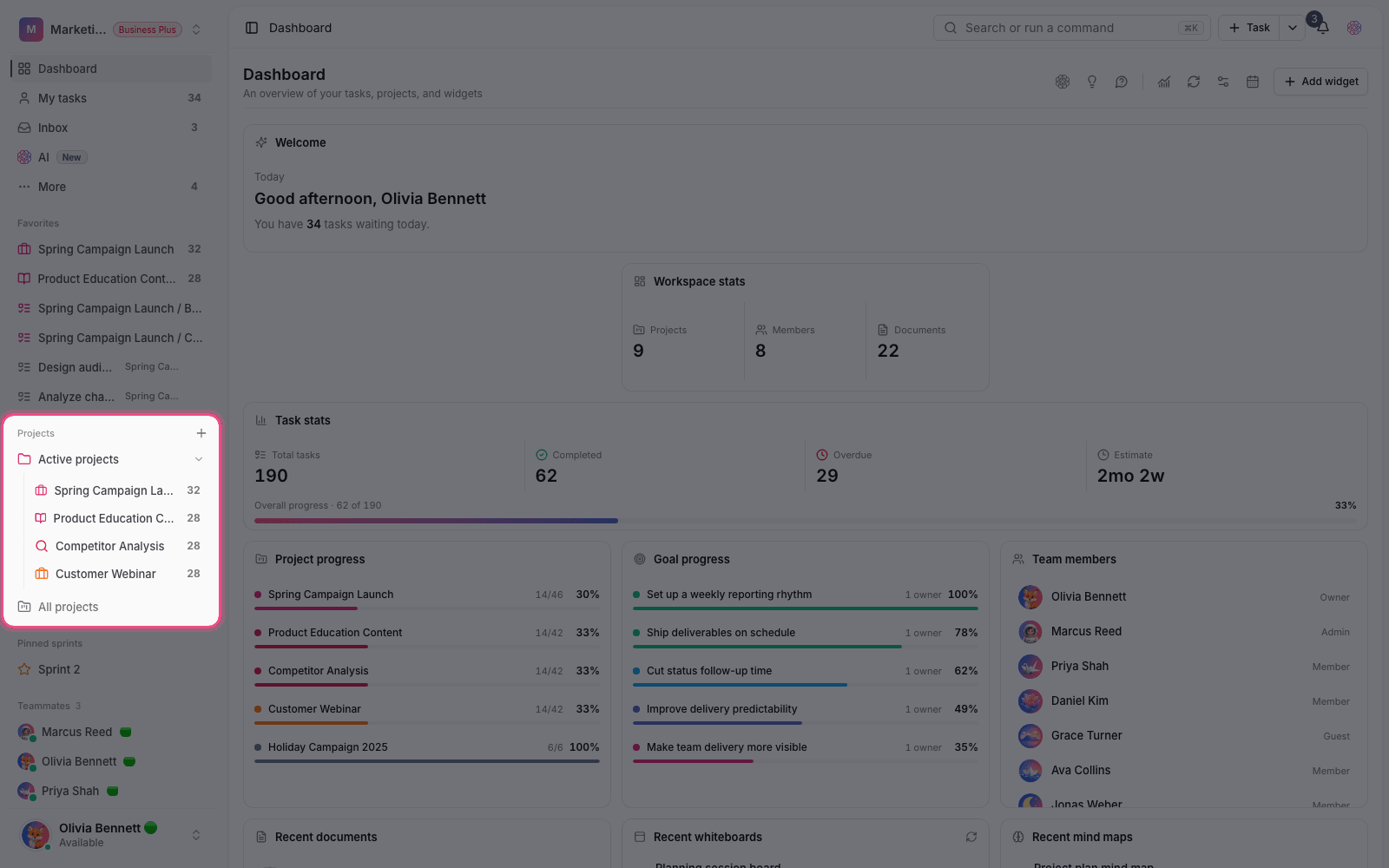 Projects in the sidebar