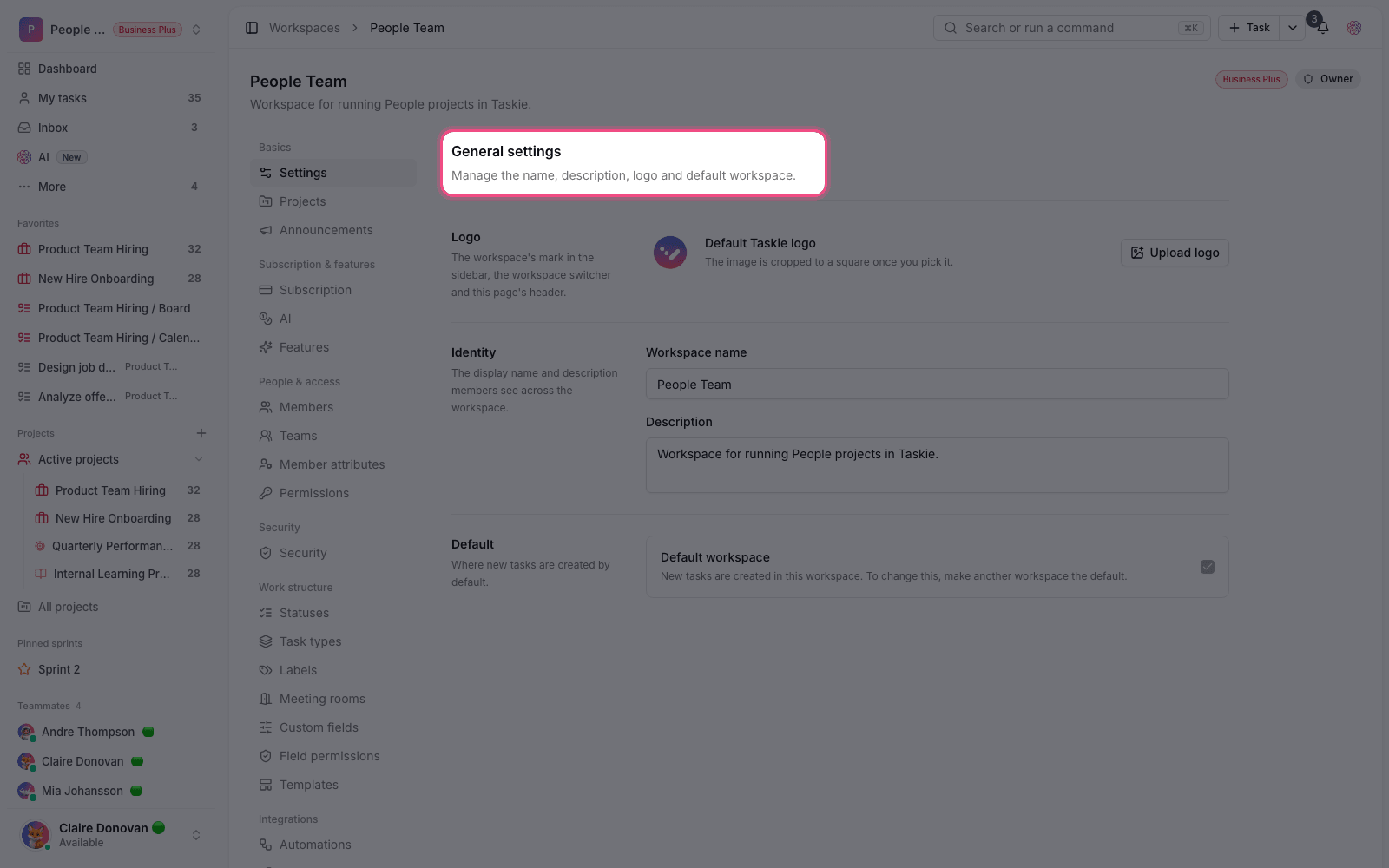Workspace settings
