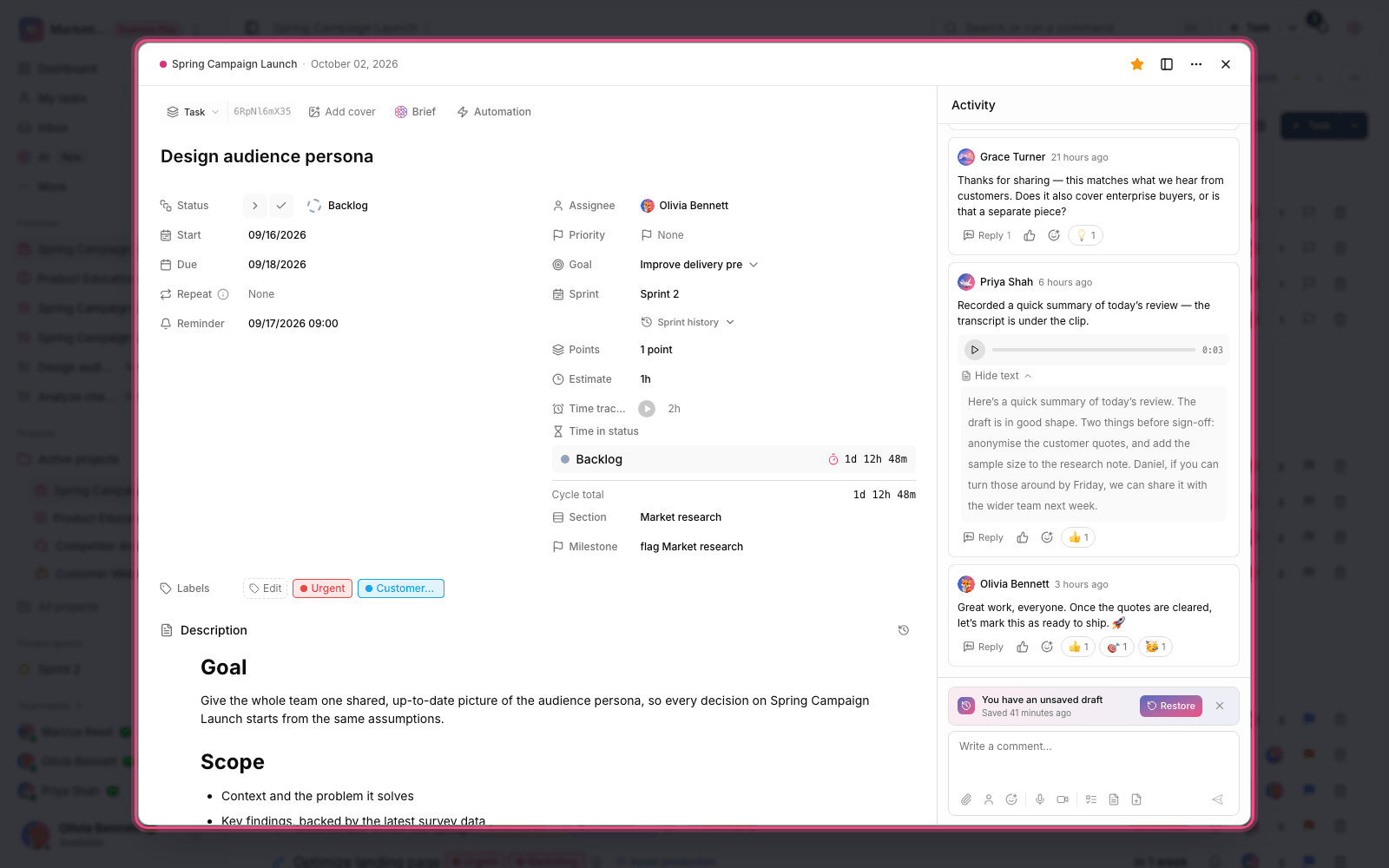 The task page