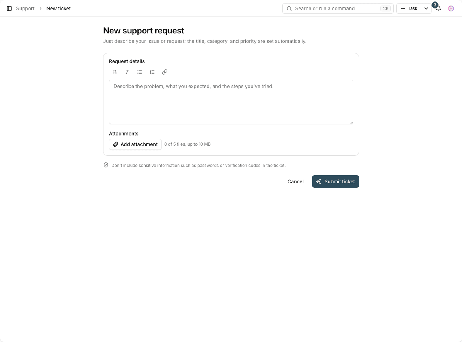 Submitting a new ticket