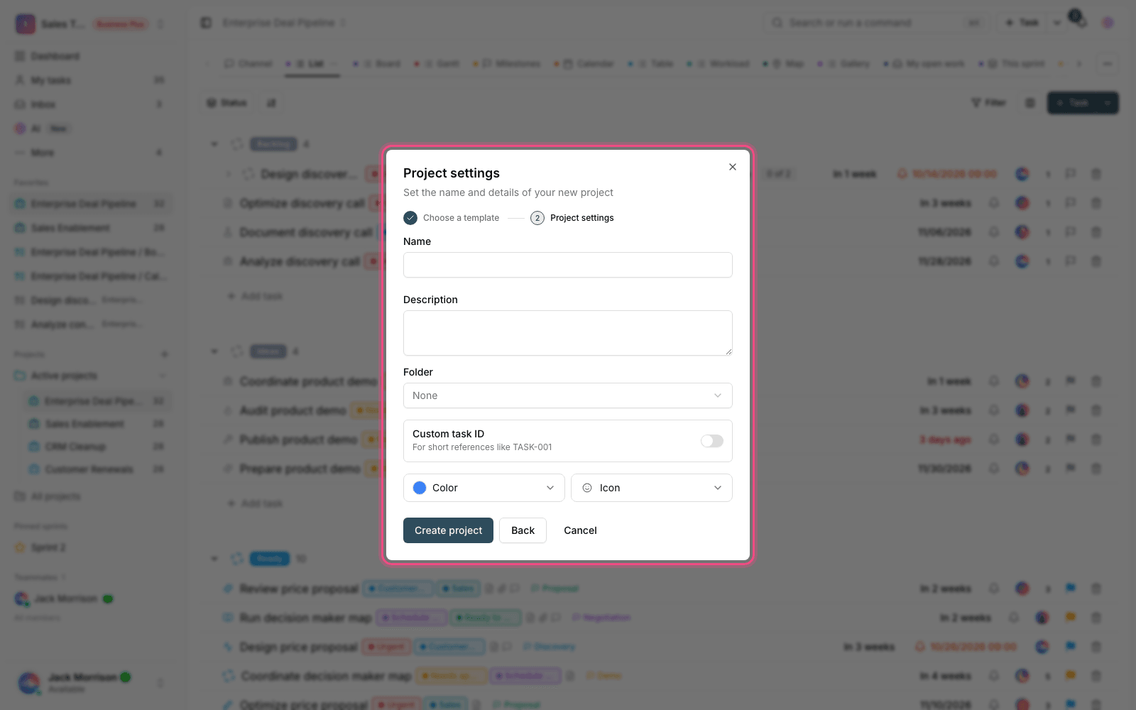 The create project window
