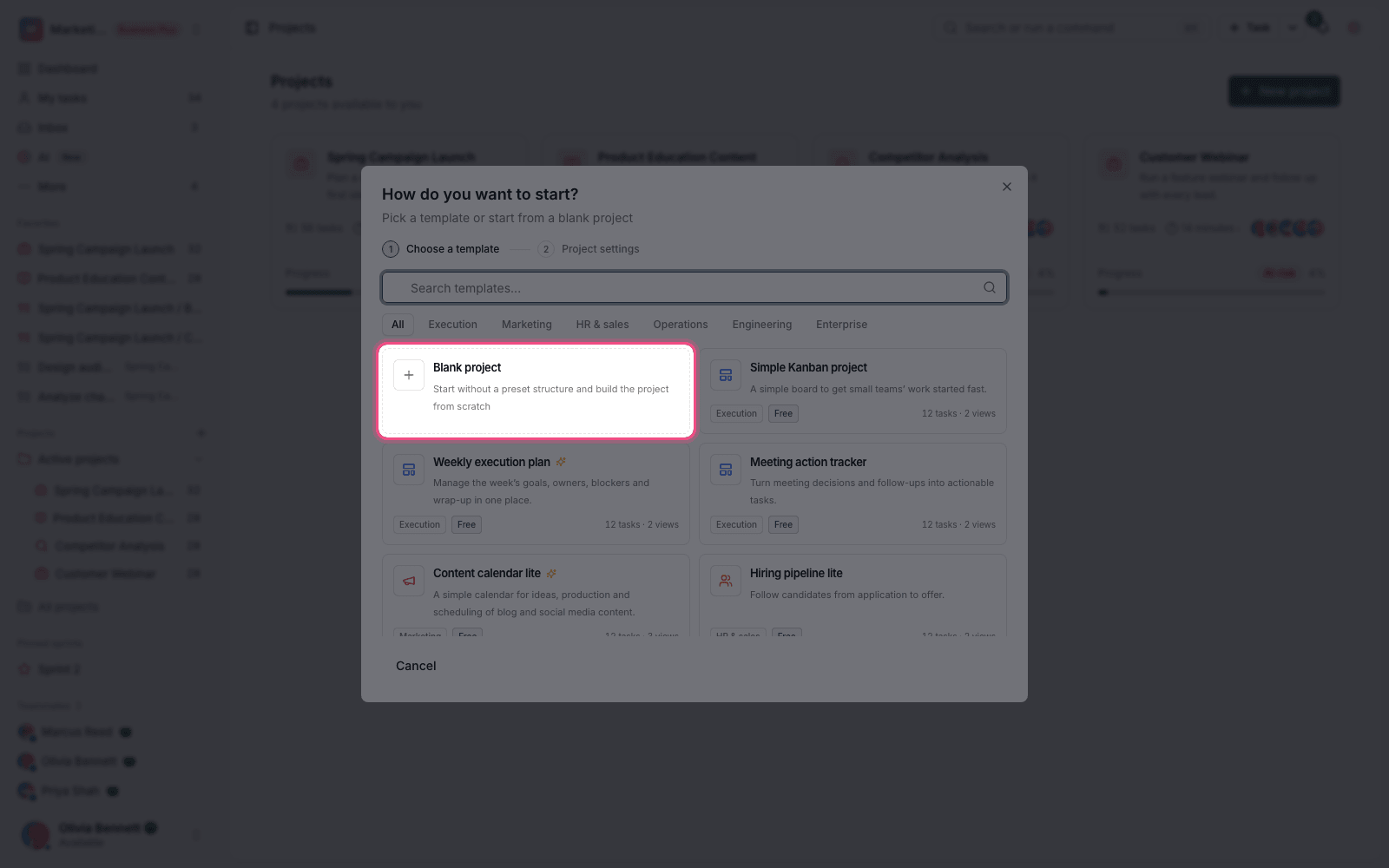 Creating a project without a template