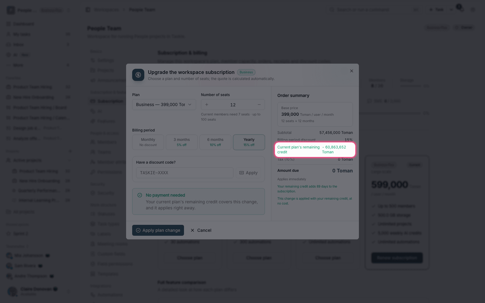 Workspace subscription and credit
